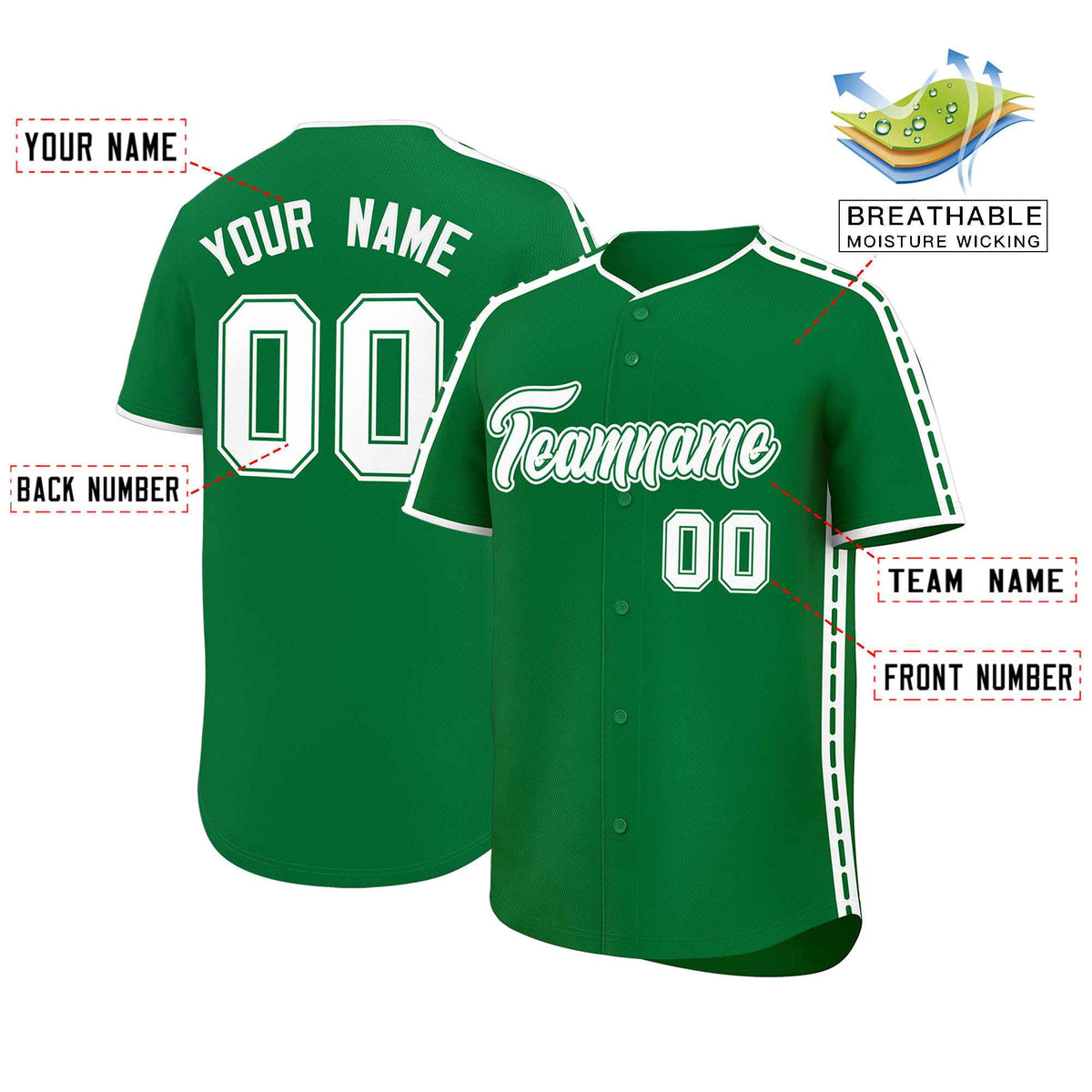 Custom Kelly Green White Color Block Personalized Side Dotted Line Authentic Baseball Jersey