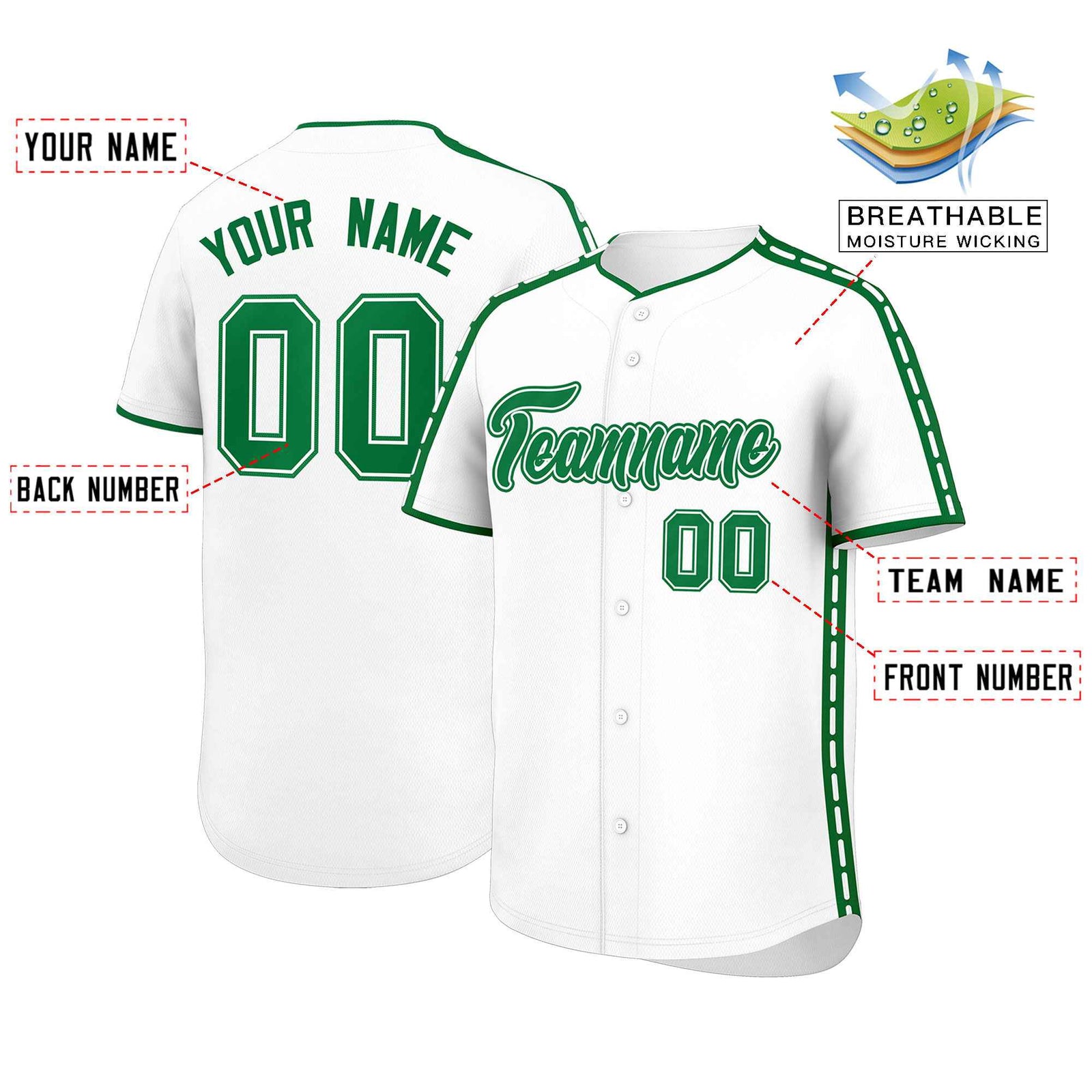 Custom White Kelly Green Color Block Personalized Side Dotted Line Authentic Baseball Jersey