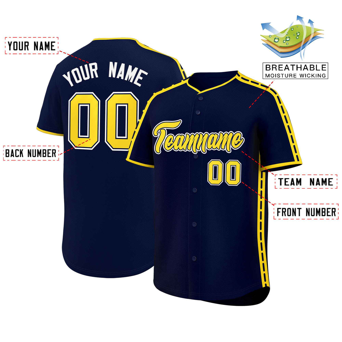 Custom Navy Gold Color Block Personalized Side Dotted Line Authentic Baseball Jersey