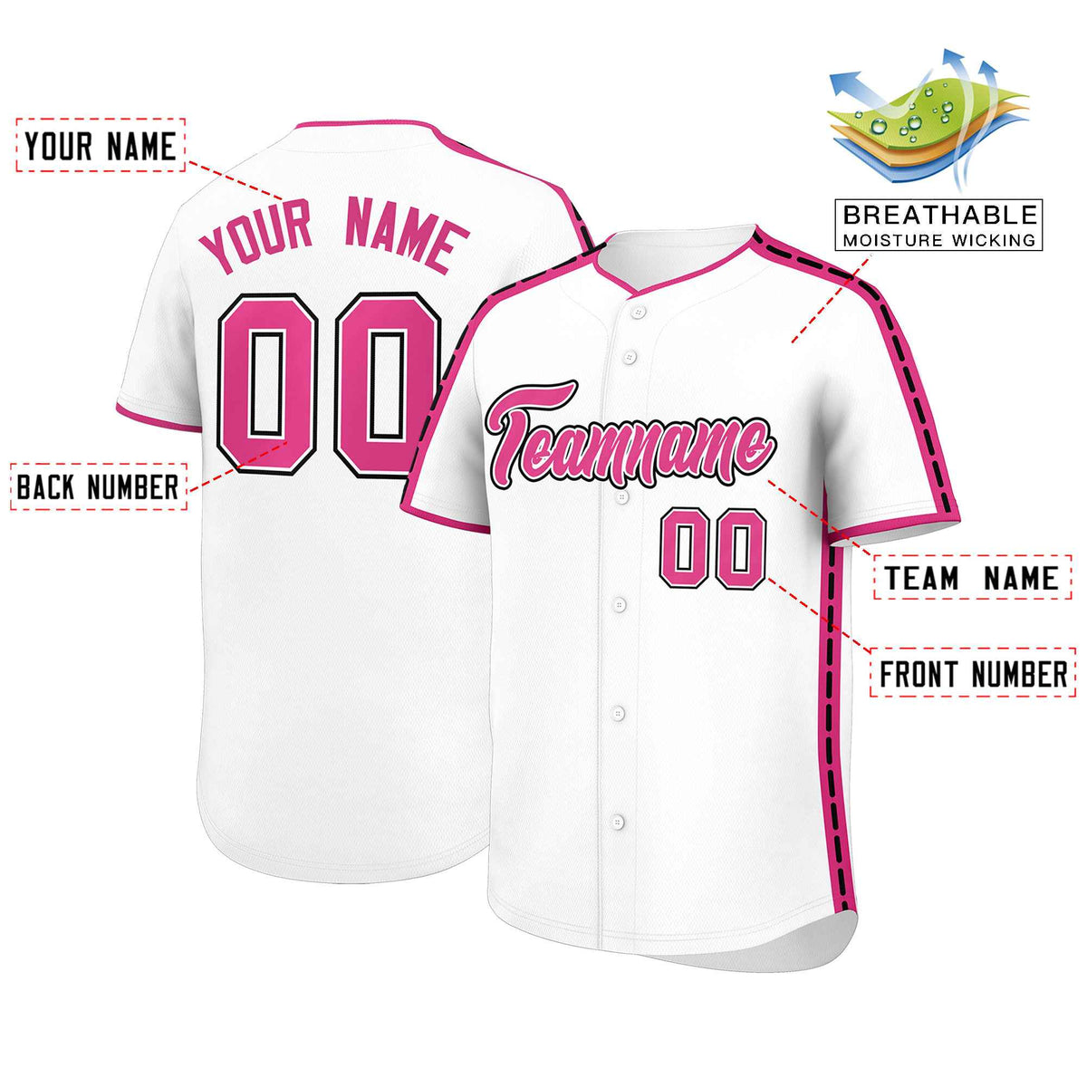 Custom White Pink Color Block Personalized Side Dotted Line Authentic Baseball Jersey