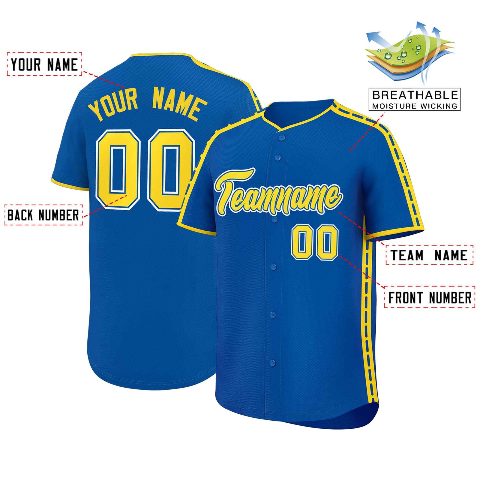 Custom Royal Gold Color Block Personalized Side Dotted Line Authentic Baseball Jersey