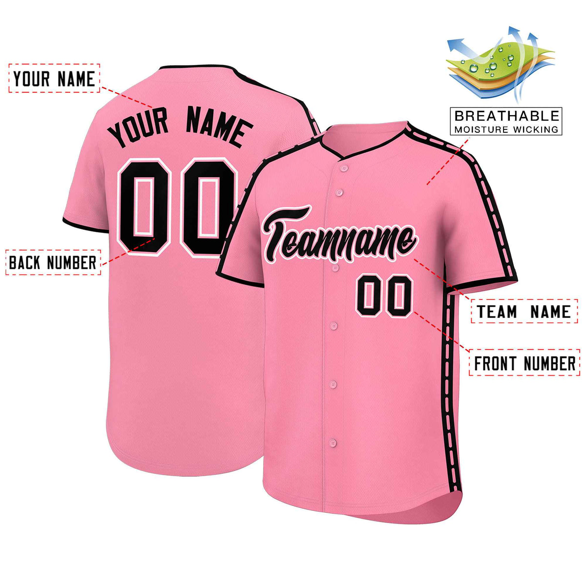 Custom Light Pink Black Color Block Personalized Side Dotted Line Authentic Baseball Jersey
