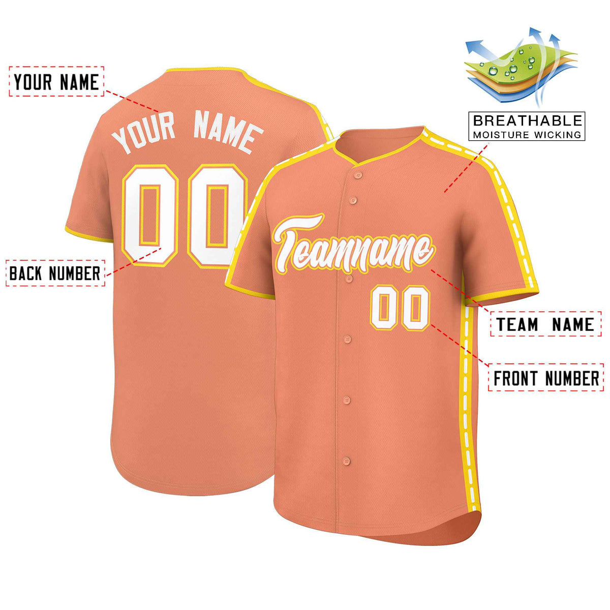 Custom Light Orange Gold Color Block Personalized Side Dotted Line Authentic Baseball Jersey