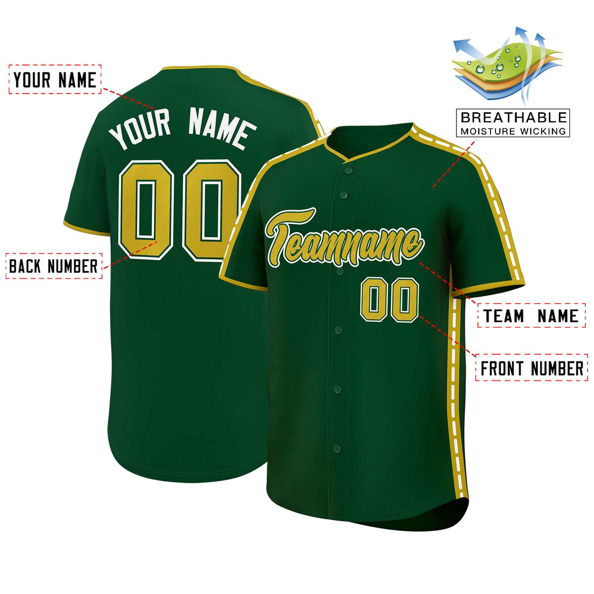 Custom Green Old Gold Color Block Personalized Side Dotted Line Authentic Baseball Jersey