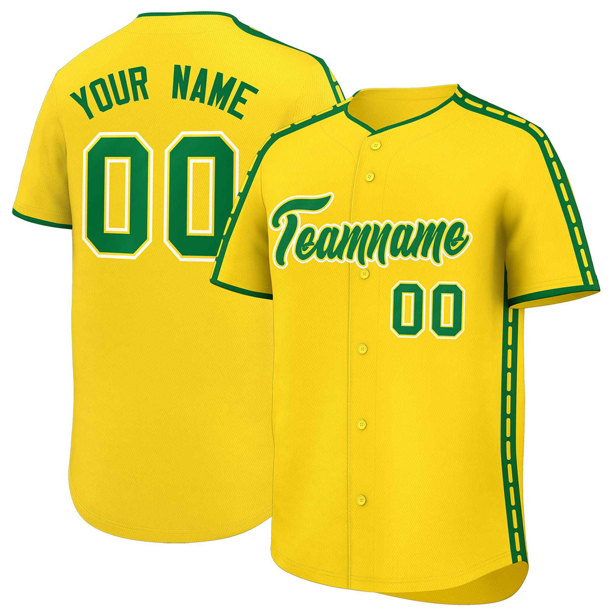 Custom Gold Kelly Green Color Block Personalized Side Dotted Line Authentic Baseball Jersey