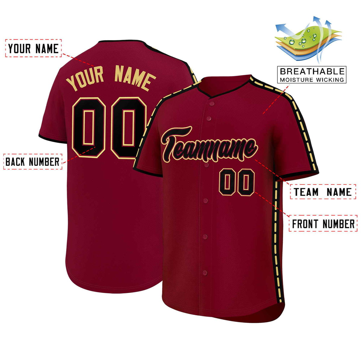 Custom Crimson Black Color Block Personalized Side Dotted Line Authentic Baseball Jersey