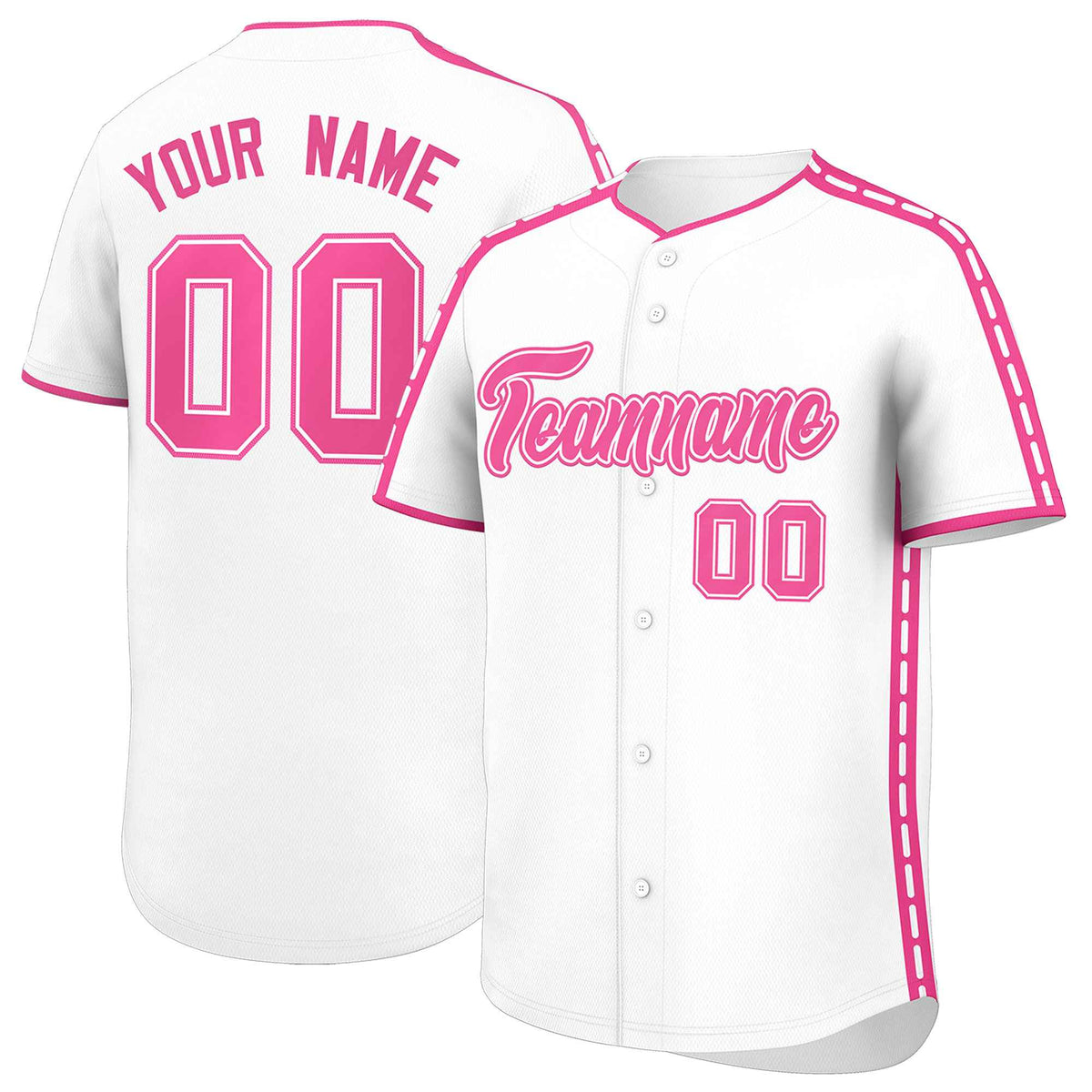 Custom White Pink Color Block Personalized Side Dotted Line Authentic Baseball Jersey