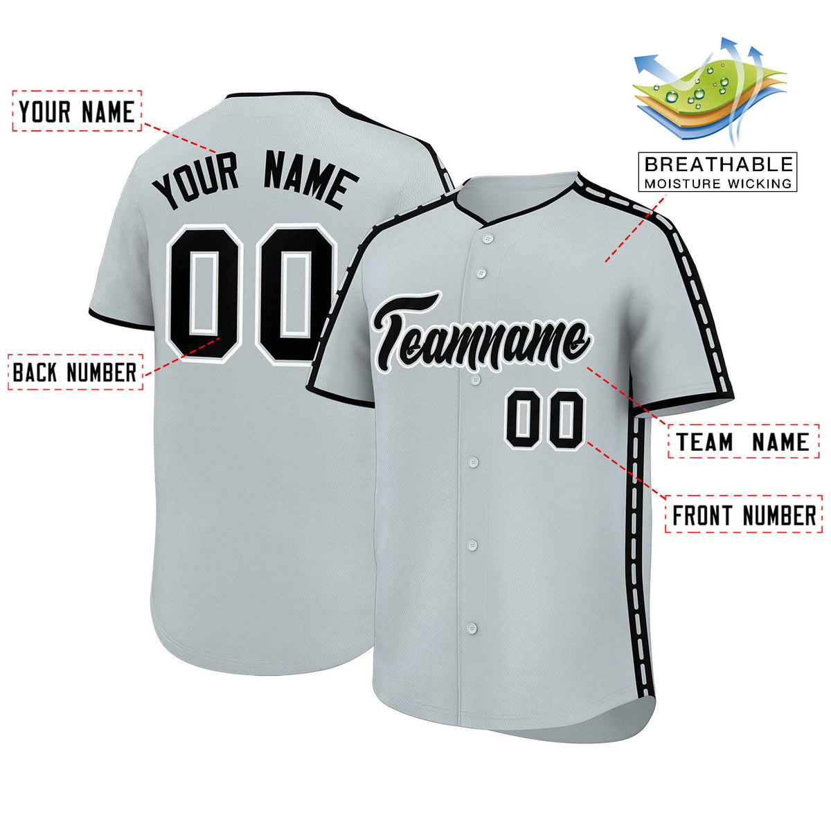 Custom Silver Black Color Block Personalized Side Dotted Line Authentic Baseball Jersey