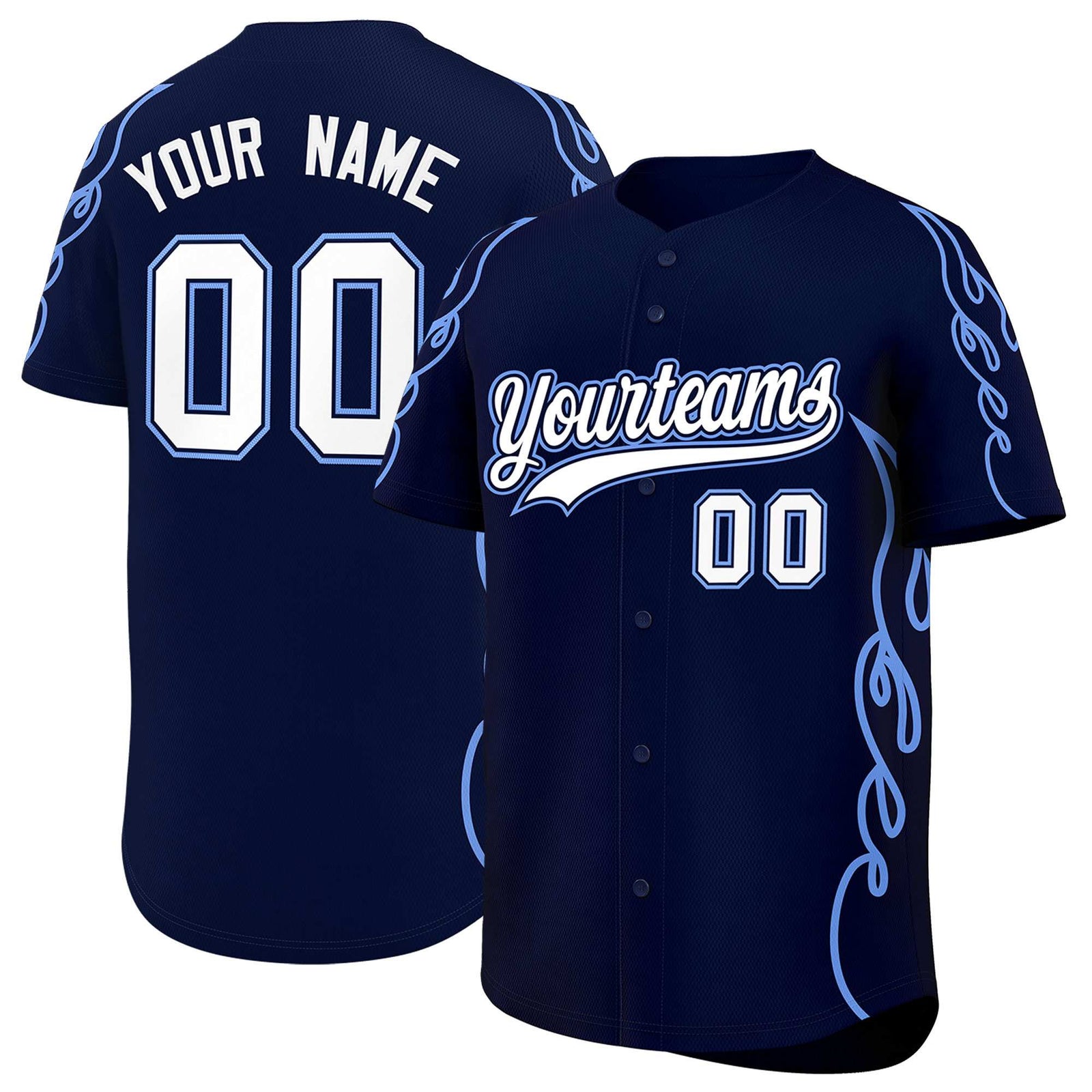 Custom Navy Light Blue Side Flame Outline Pattern Sports Uniform Basetball Jersey