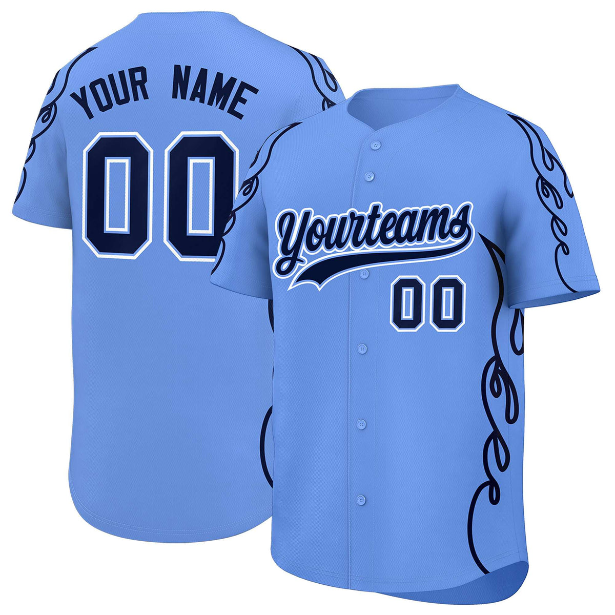 Custom Light Blue Navy Side Flame Outline Pattern Sports Uniform Basetball Jersey