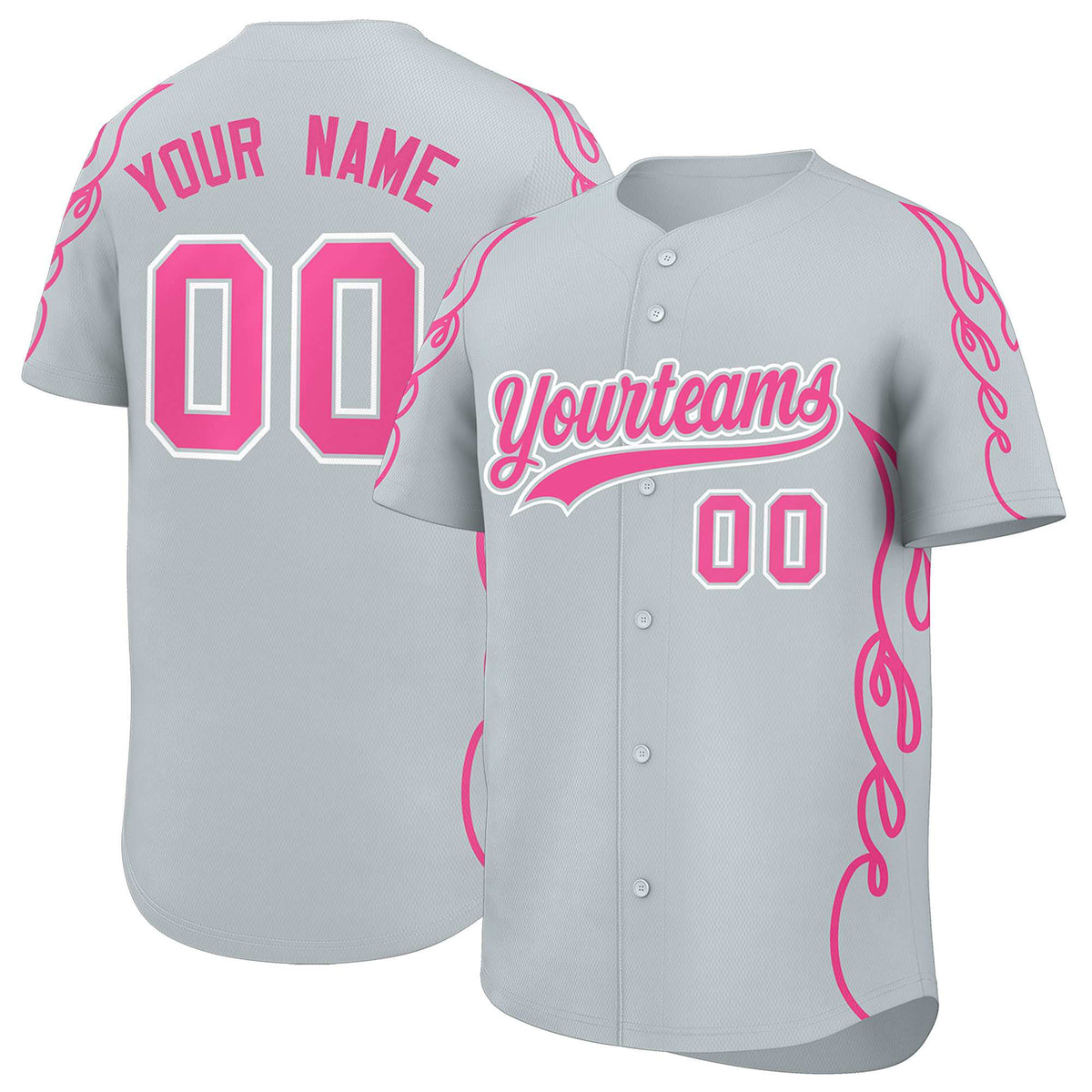 Custom Silver Pink Side Flame Outline Pattern Sports Uniform Basetball Jersey
