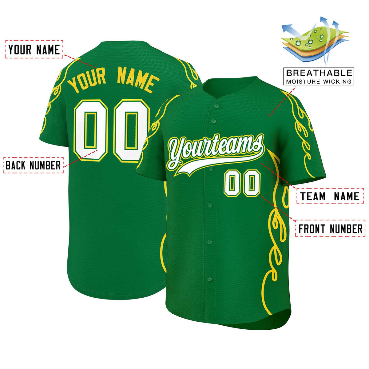 Custom Kelly Green Gold Side Flame Outline Pattern Sports Uniform Basetball Jersey