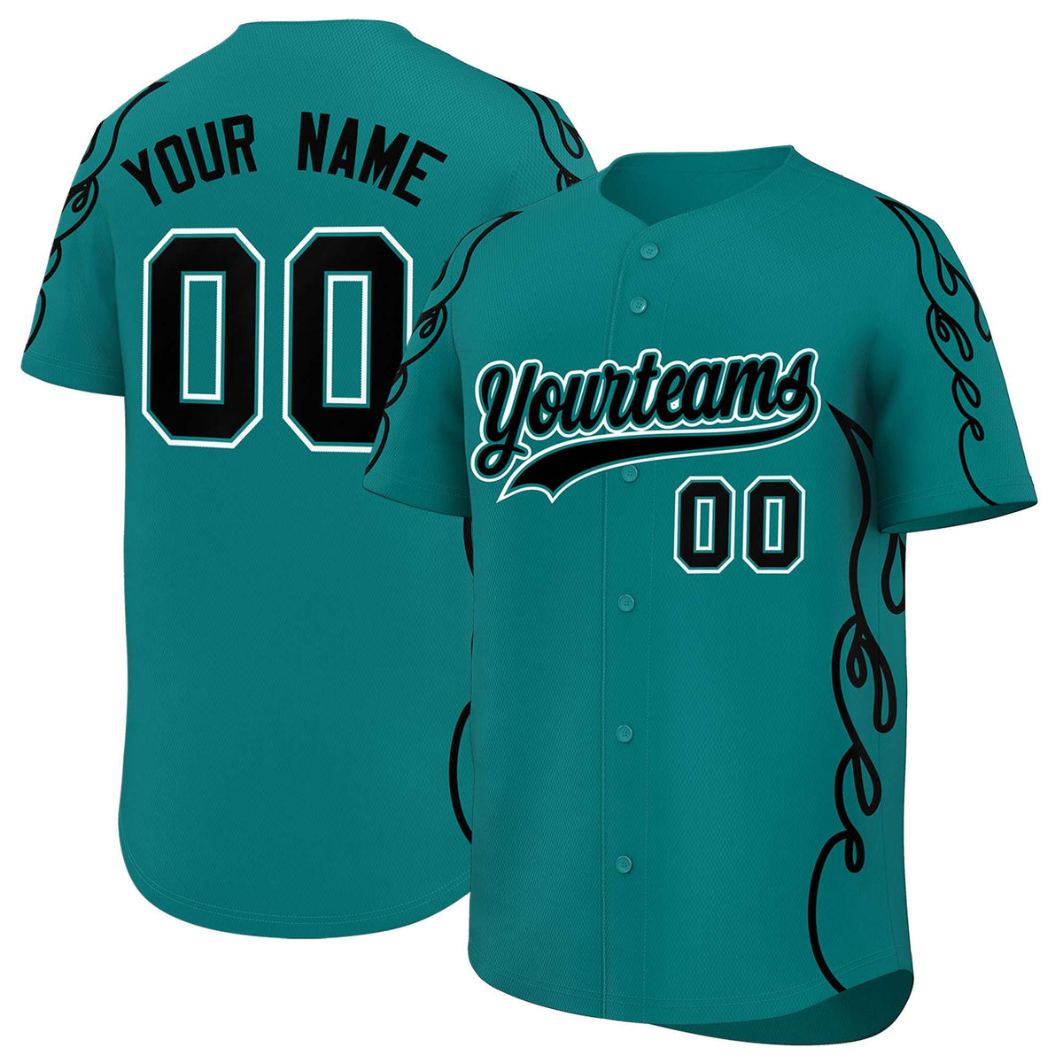 Custom Teal Black Side Flame Outline Pattern Sports Uniform Basetball Jersey