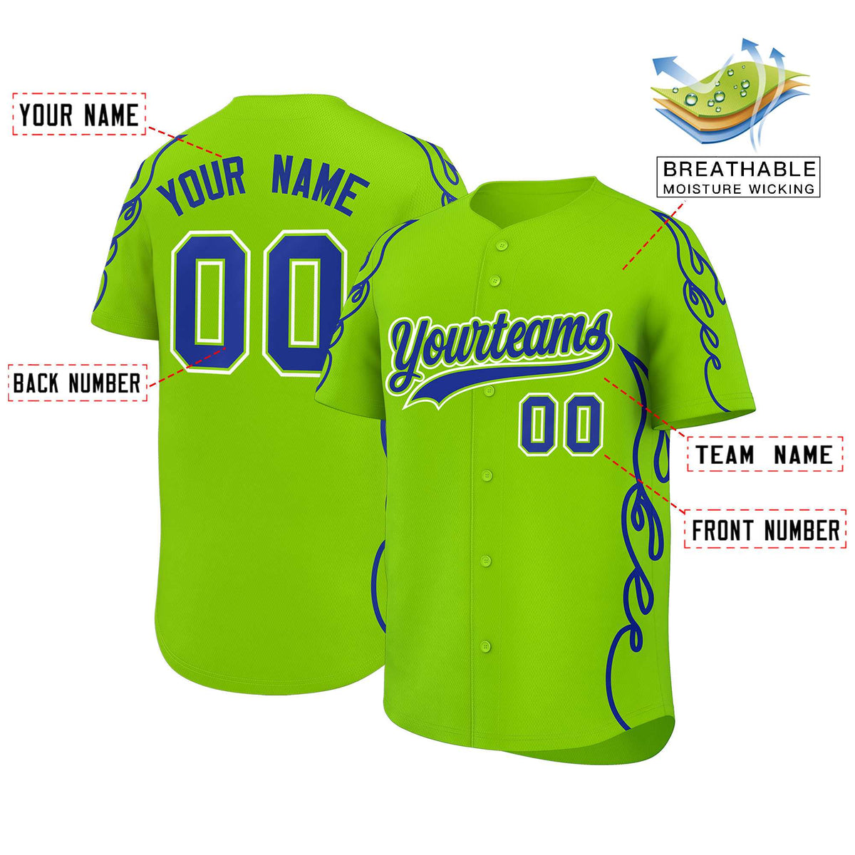 Custom Neon Green Royal Side Flame Outline Pattern Sports Uniform Basetball Jersey