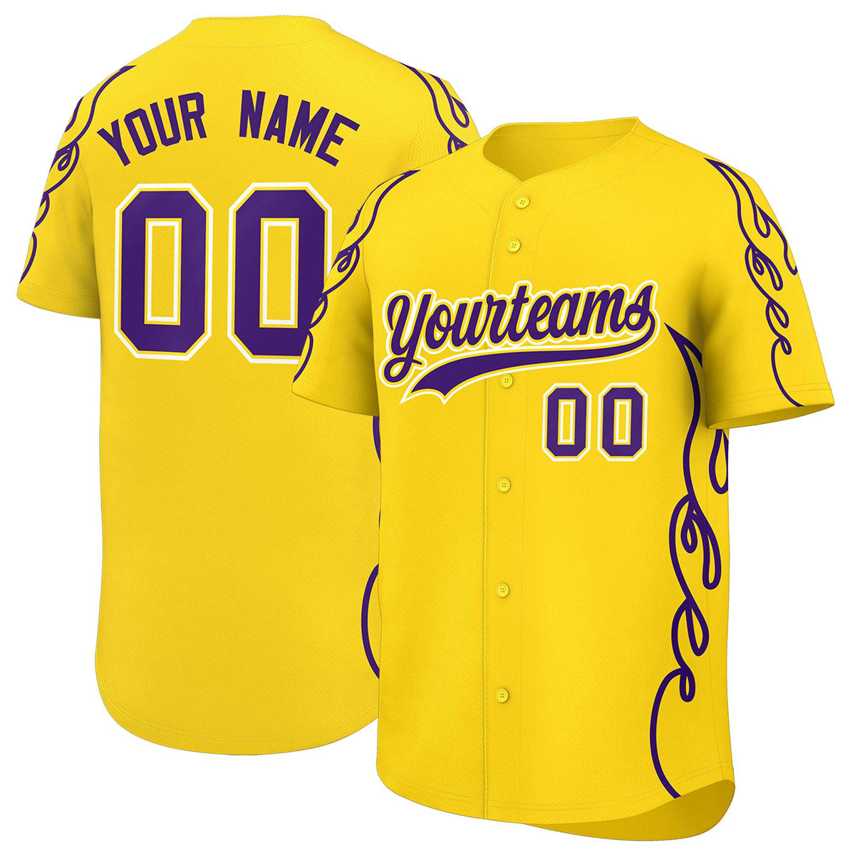 Custom Gold Purple Side Flame Outline Pattern Sports Uniform Basetball Jersey