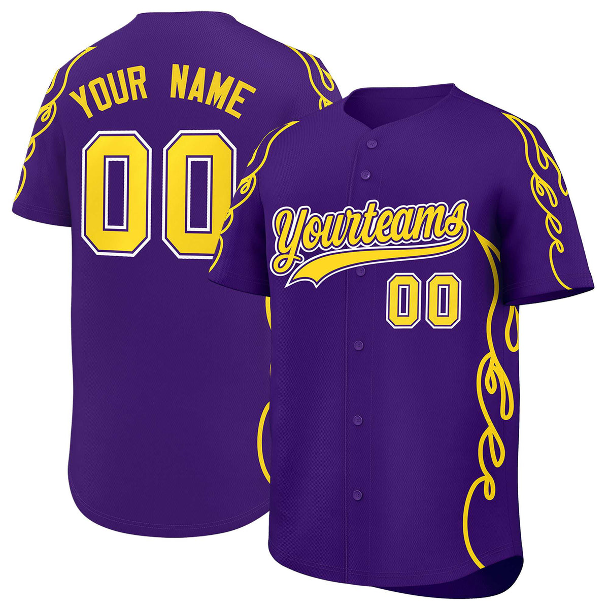 Custom Purple Gold Side Flame Outline Pattern Sports Uniform Basetball Jersey
