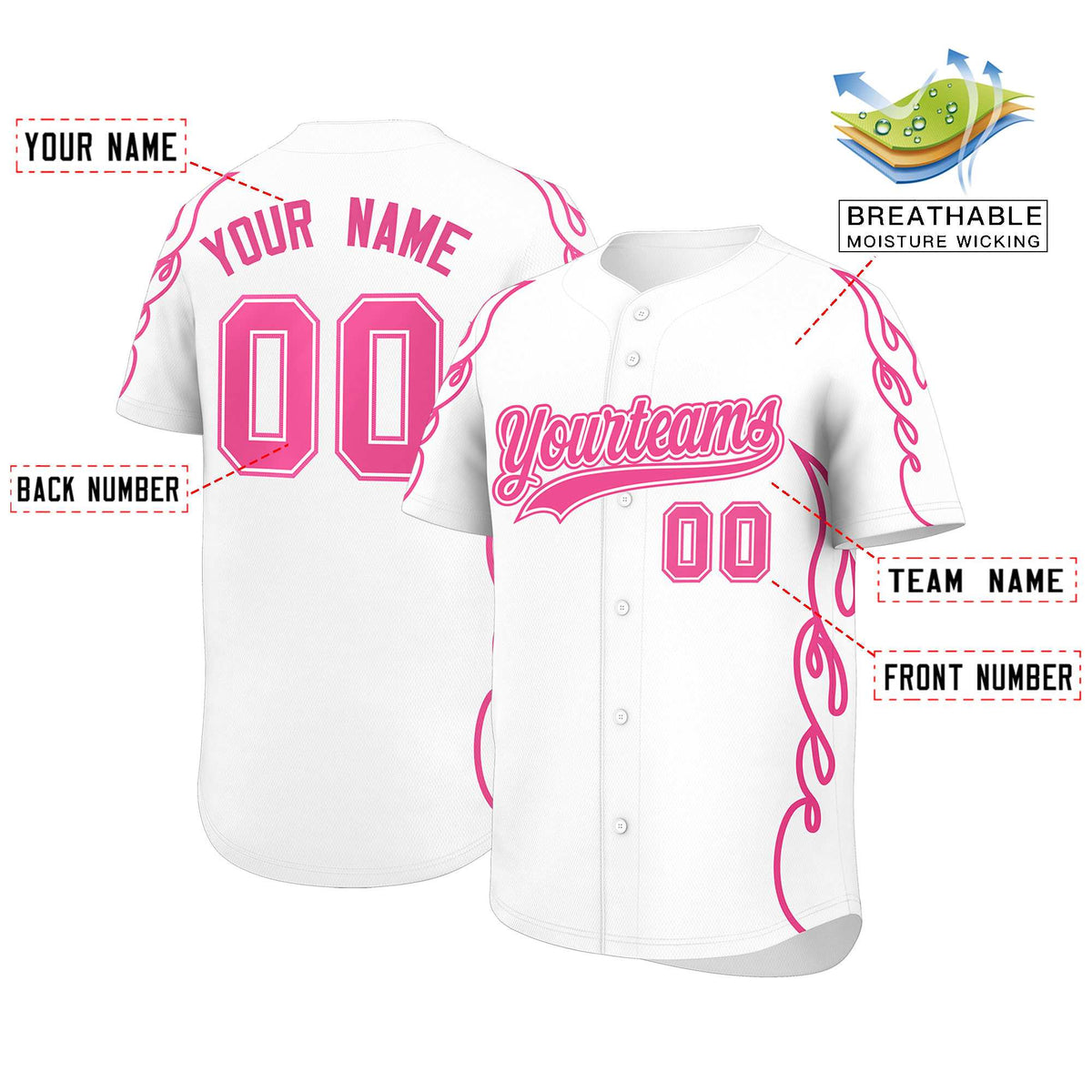 Custom White Pink Side Flame Outline Pattern Sports Uniform Basetball Jersey