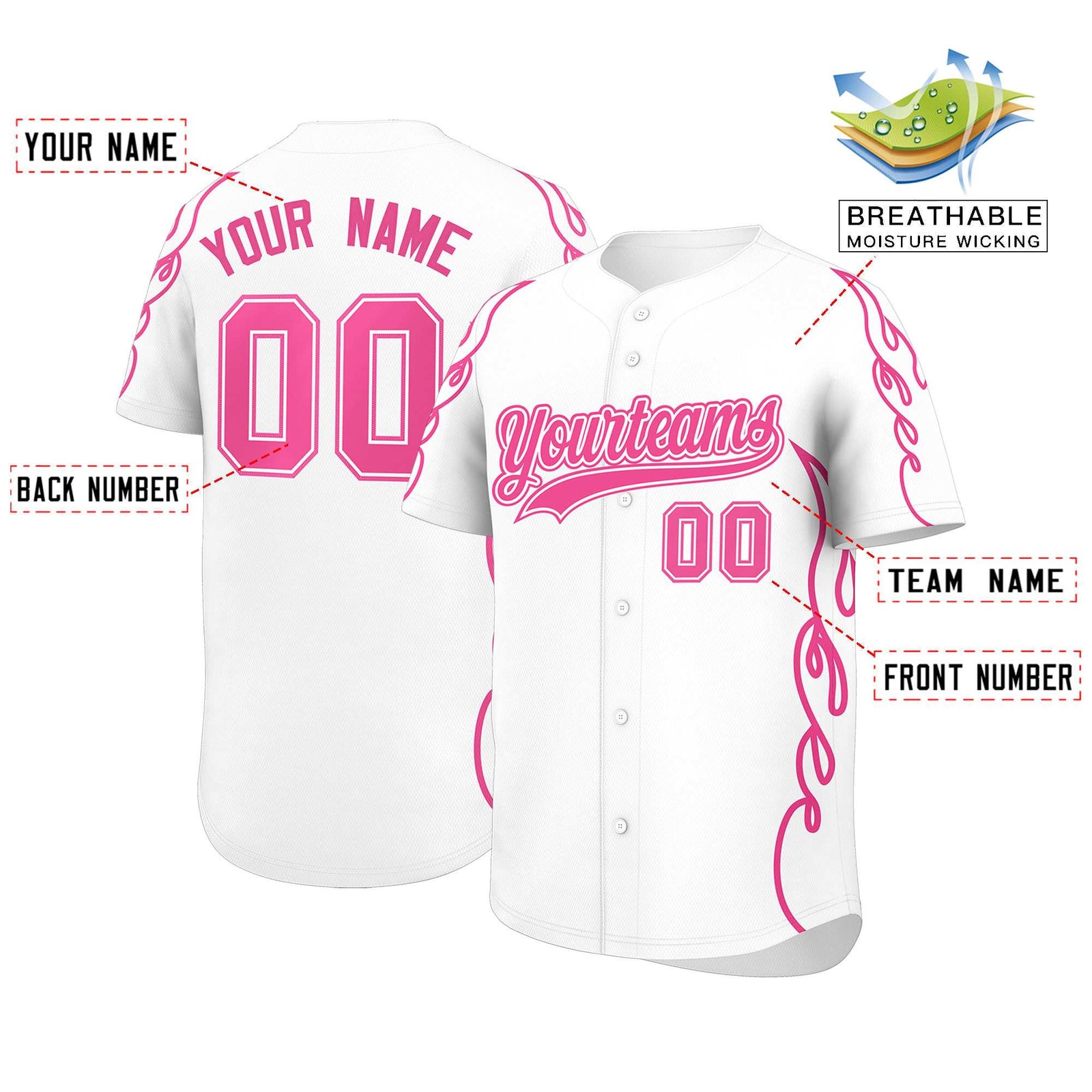 Custom White Pink Side Flame Outline Pattern Sports Uniform Basetball Jersey
