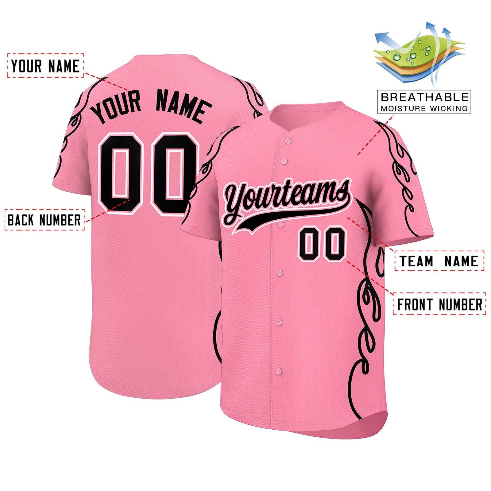 Custom Light Pink Black Side Flame Outline Pattern Sports Uniform Basetball Jersey