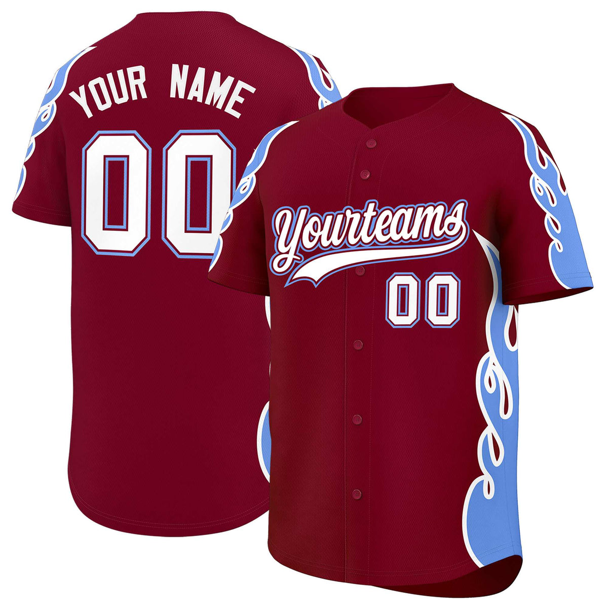 Custom Crimson Light Blue Side Flame Outline Pattern Sports Uniform Basetball Jersey