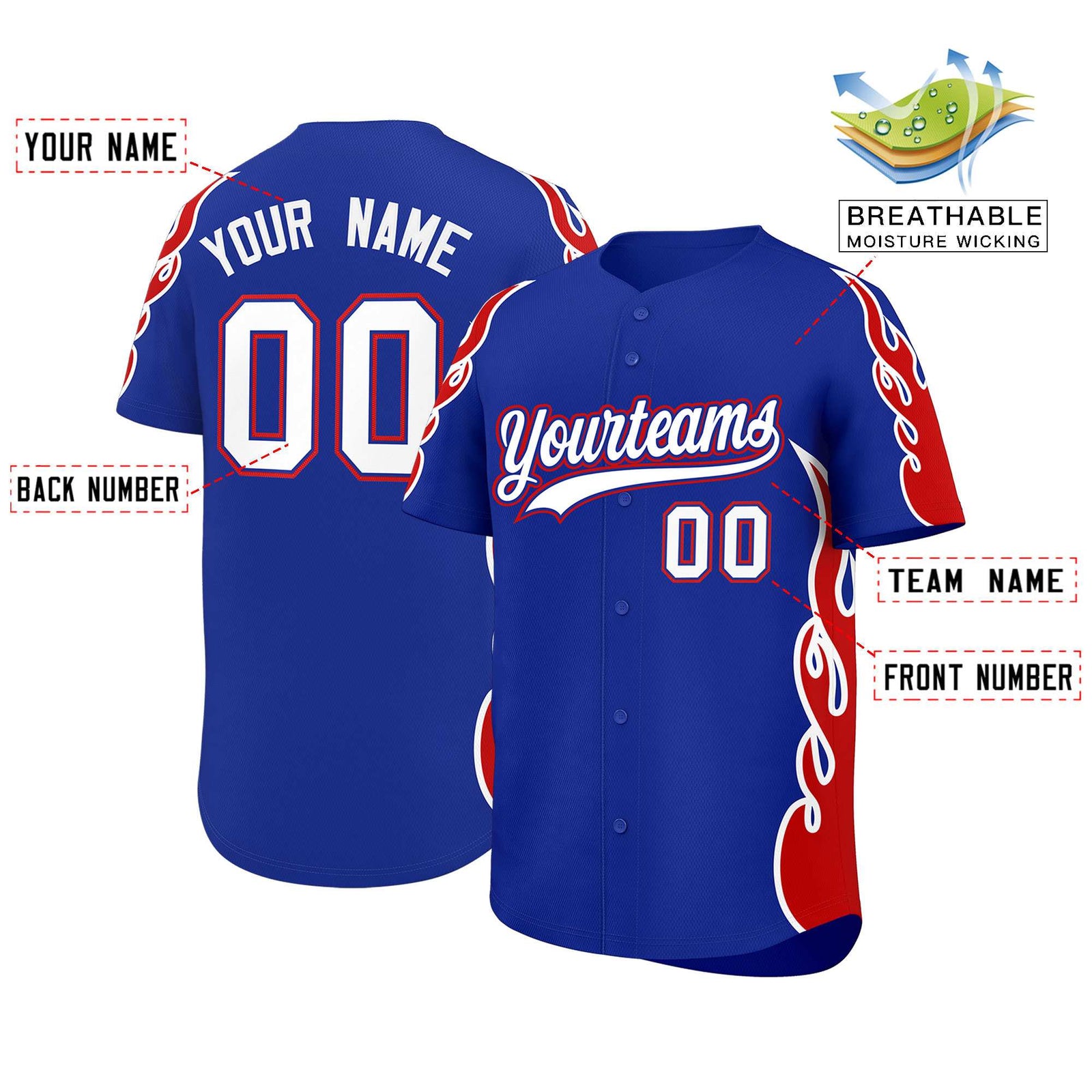 Custom Royal Red Side Flame Outline Pattern Sports Uniform Basetball Jersey