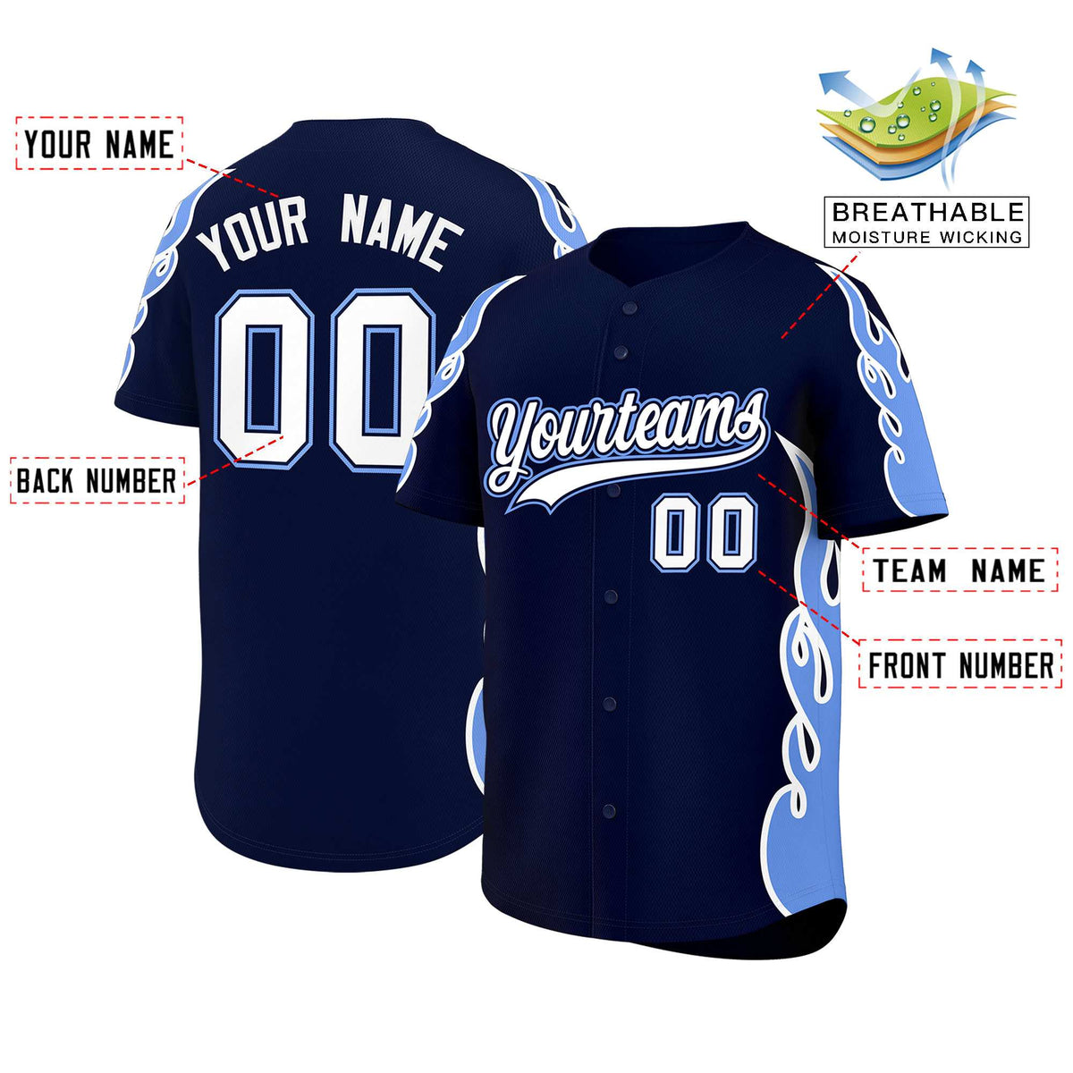 Custom Navy Light Blue Side Flame Outline Pattern Sports Uniform Basetball Jersey