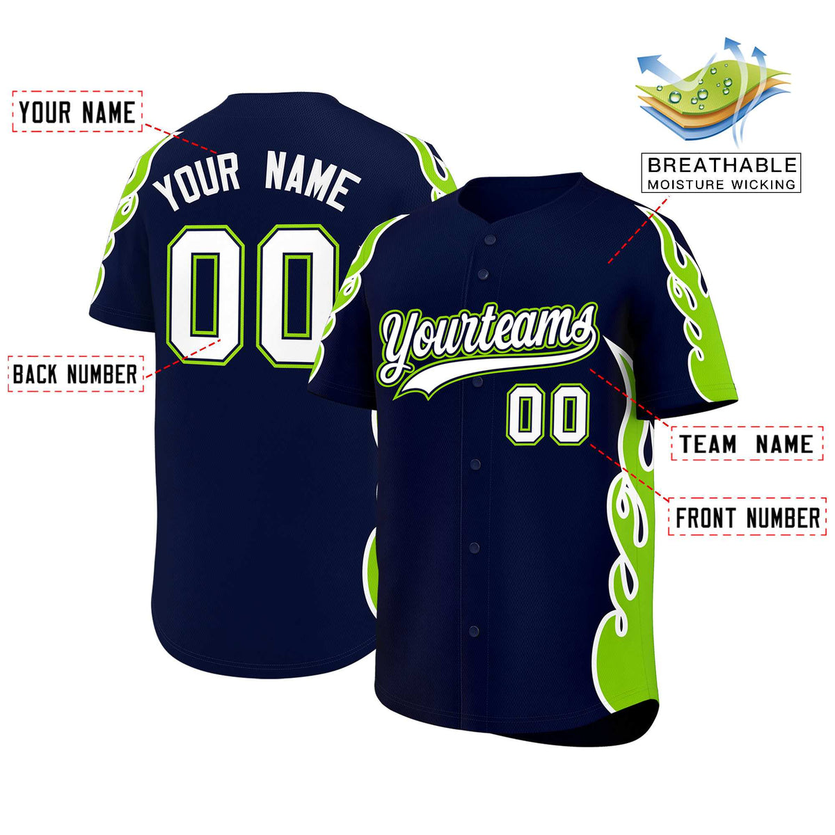 Custom Navy Neon Green Side Flame Outline Pattern Sports Uniform Basetball Jersey