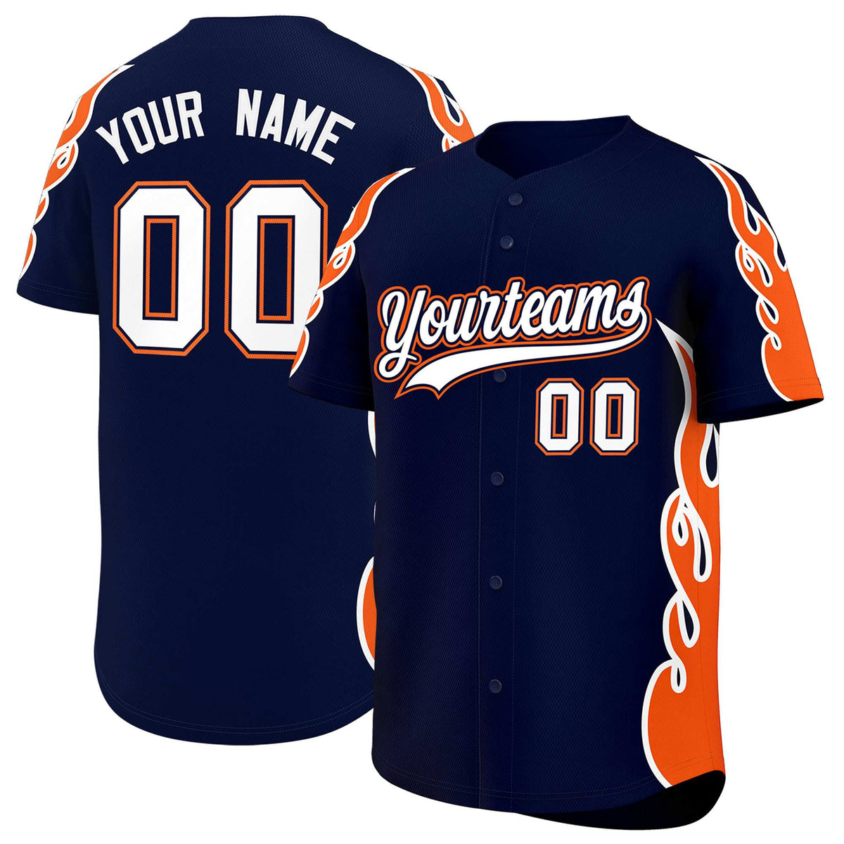 Custom Navy Orange Side Flame Outline Pattern Sports Uniform Basetball Jersey