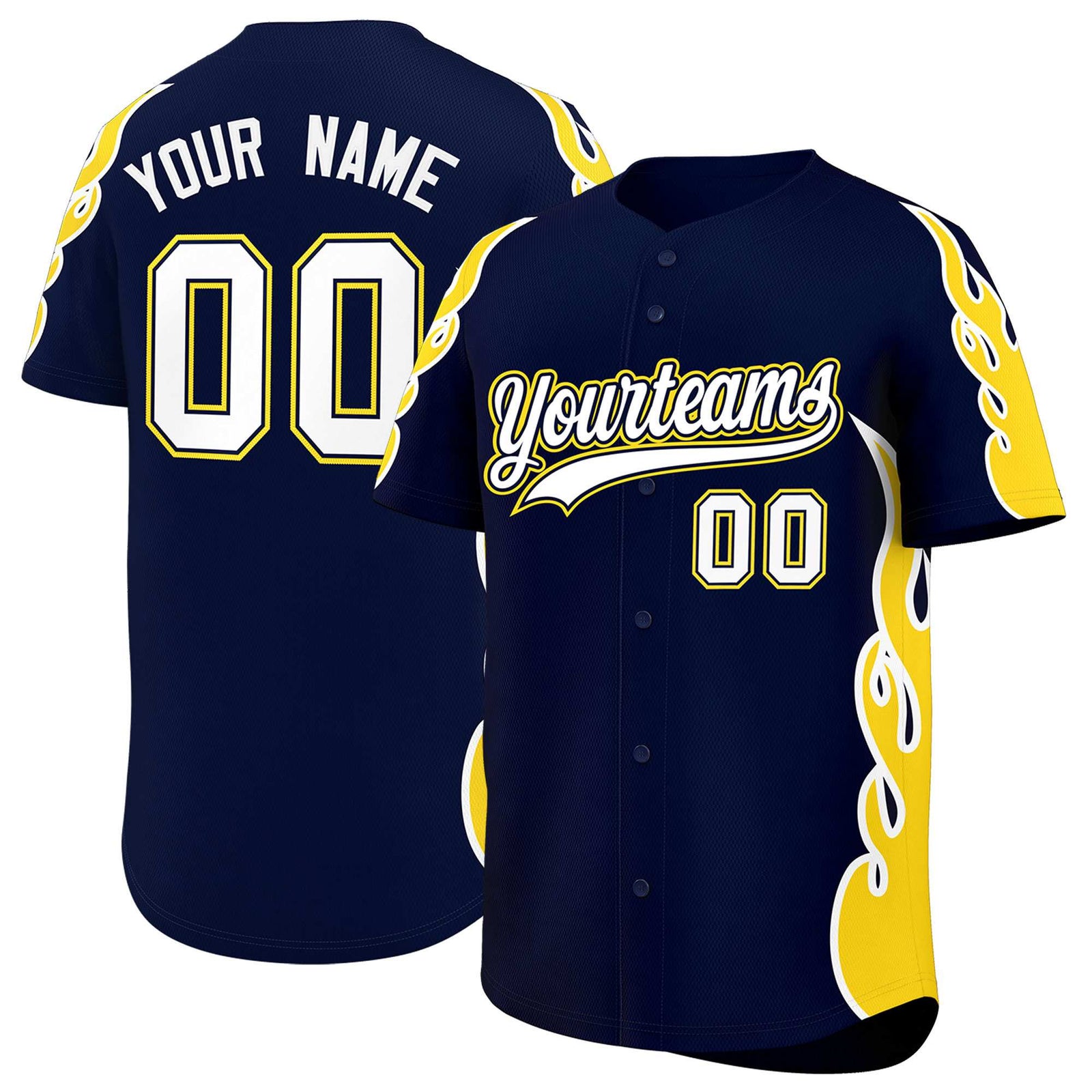Custom Navy Gold Side Flame Outline Pattern Sports Uniform Basetball Jersey