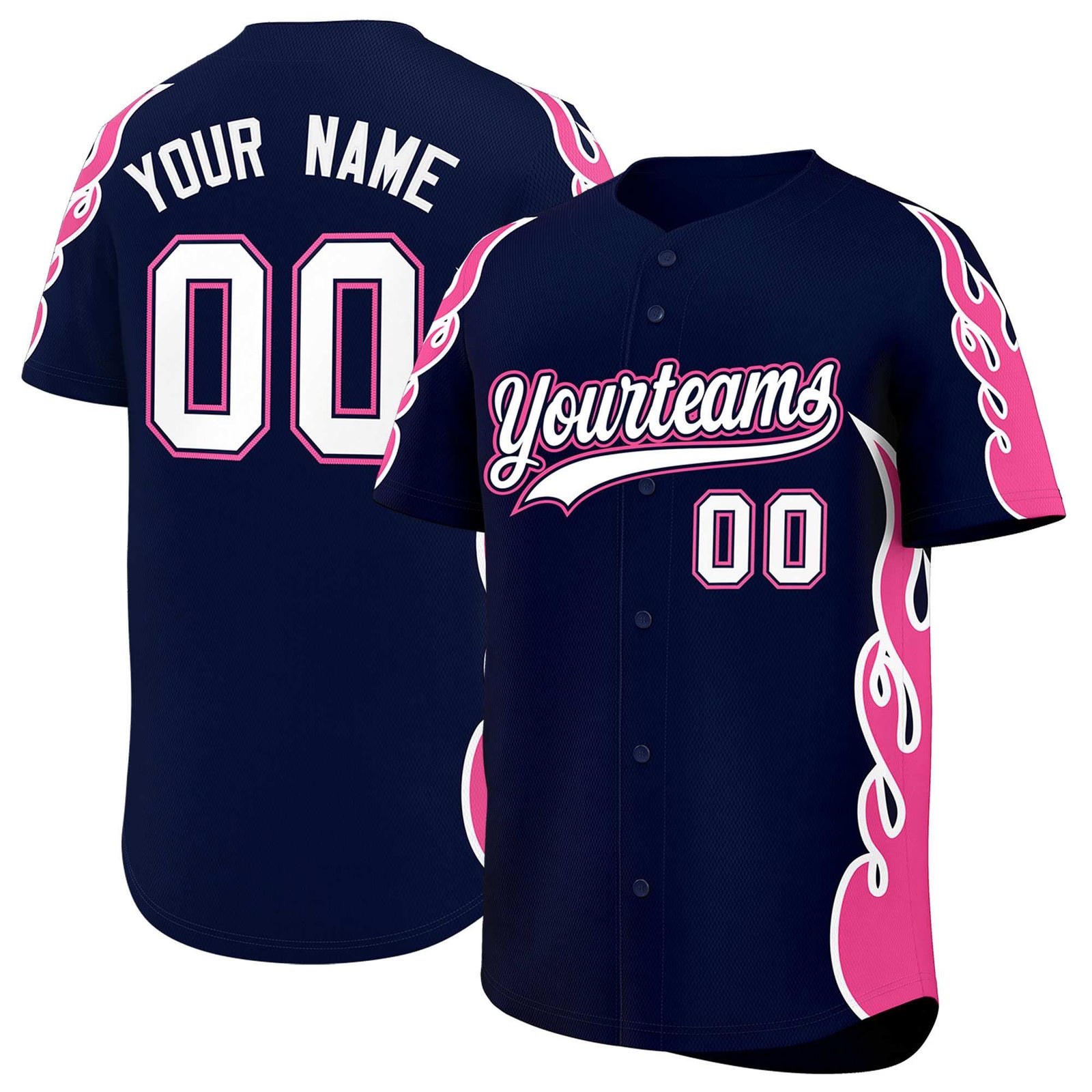 Custom Navy Pink Side Flame Outline Pattern Sports Uniform Basetball Jersey