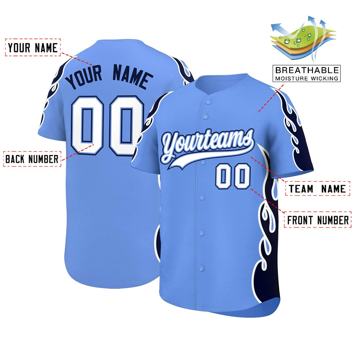 Custom Light Blue Navy Side Flame Outline Pattern Sports Uniform Basetball Jersey