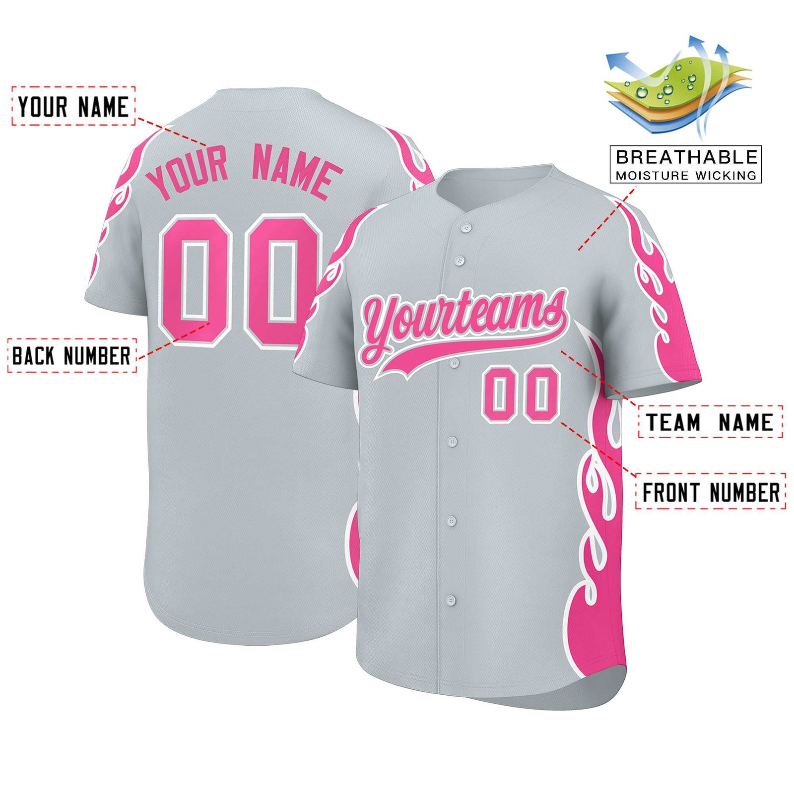 Custom Silver Pink Side Flame Outline Pattern Sports Uniform Basetball Jersey
