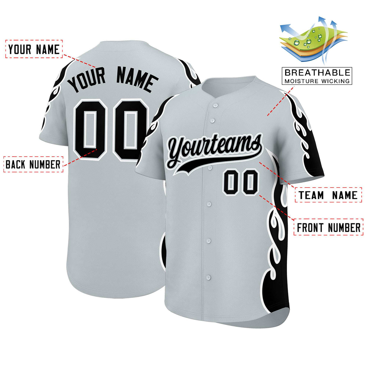 Custom Silver Black Side Flame Outline Pattern Sports Uniform Basetball Jersey