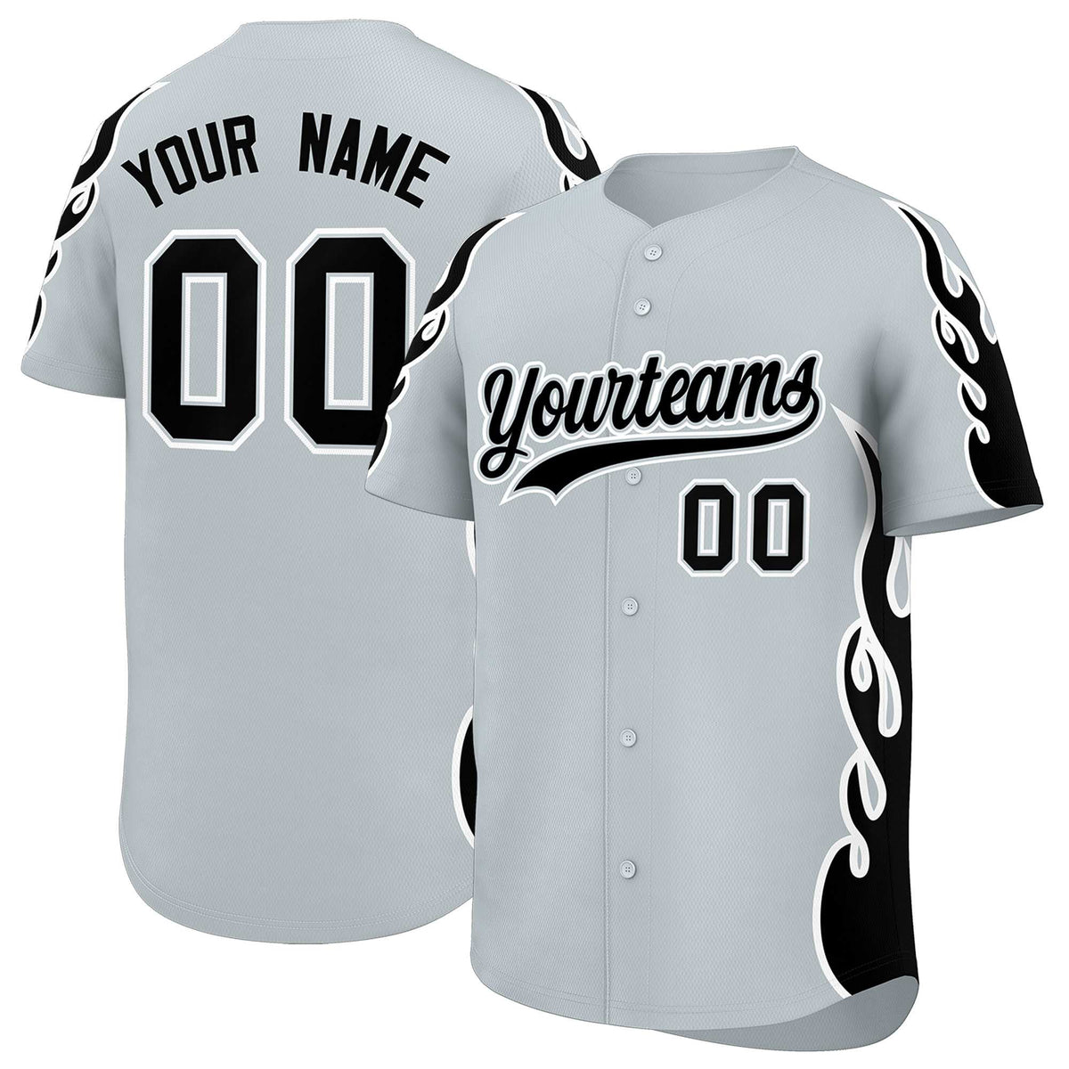 Custom Silver Black Side Flame Outline Pattern Sports Uniform Basetball Jersey