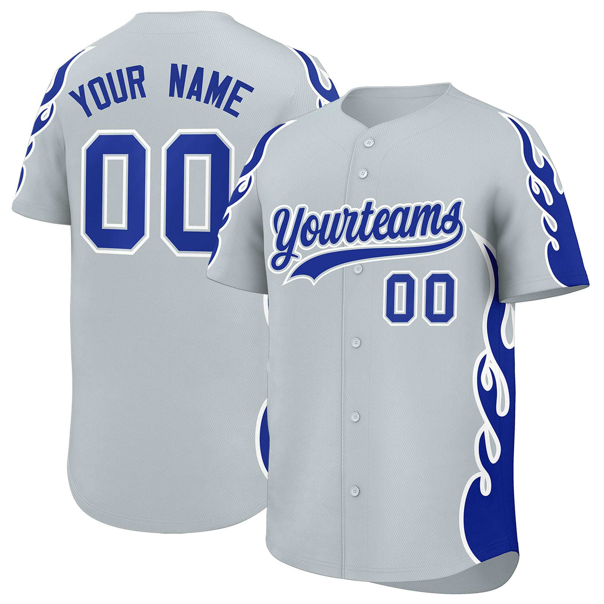 Custom Silver Royal Side Flame Outline Pattern Sports Uniform Basetball Jersey