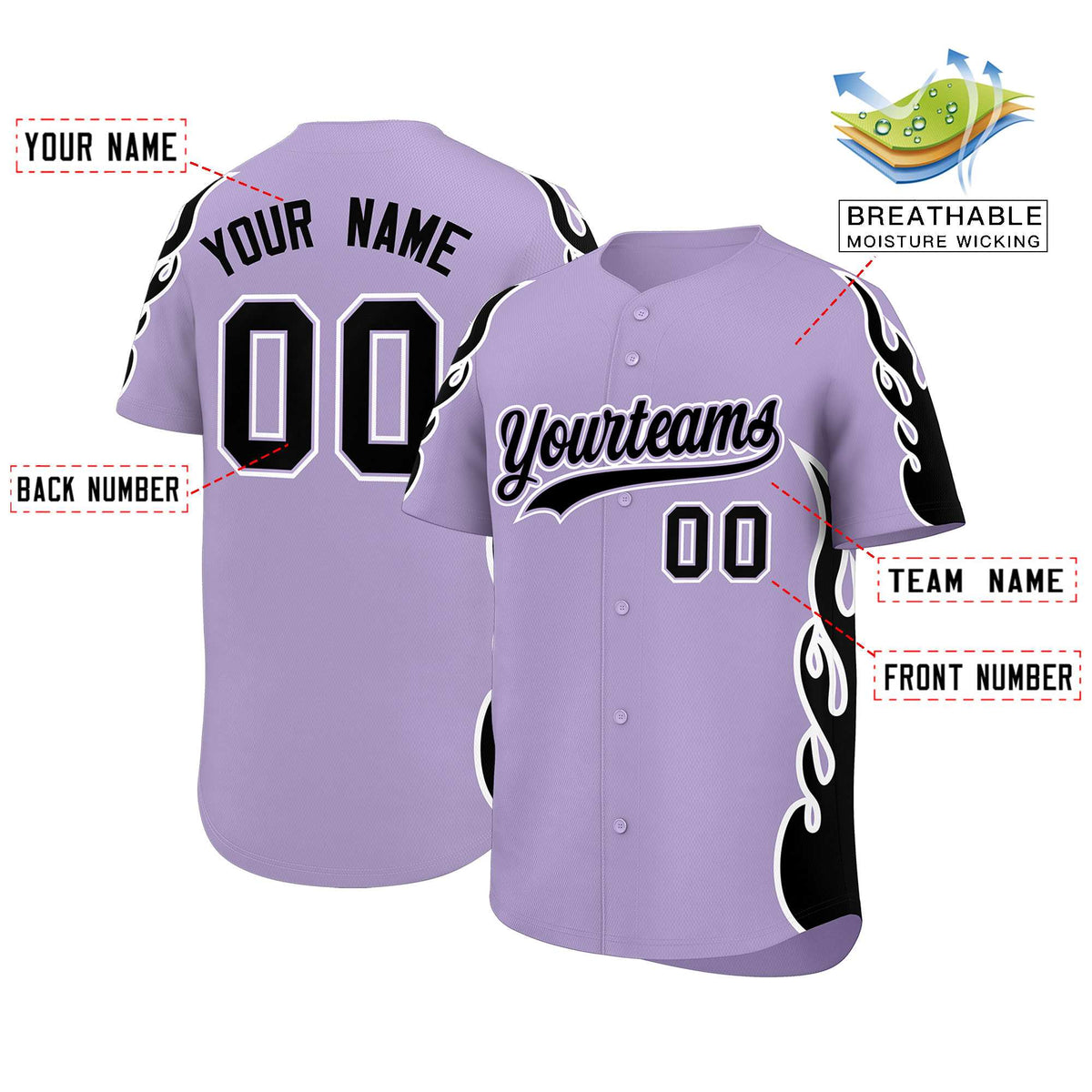Custom Light Purple Black Side Flame Outline Pattern Sports Uniform Basetball Jersey