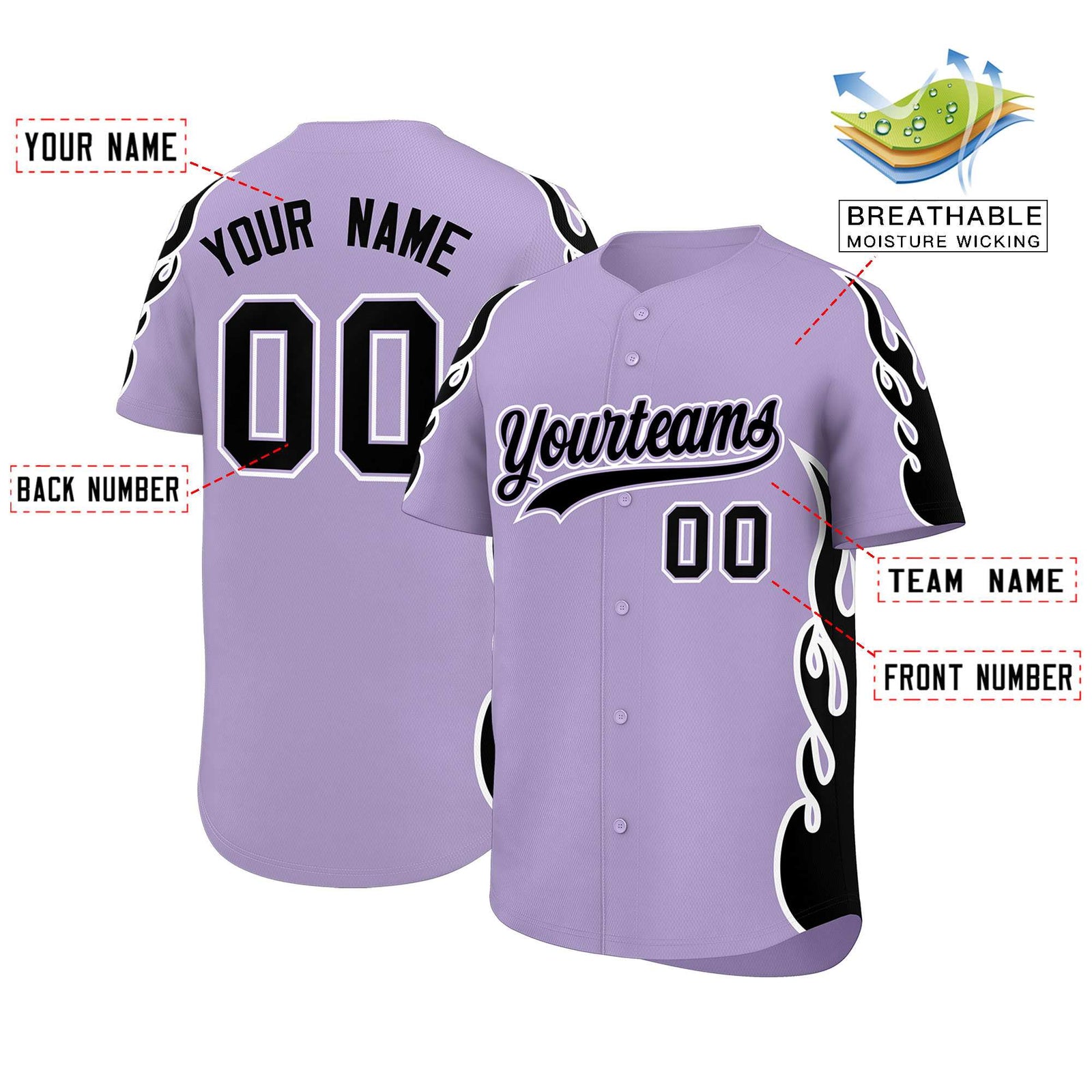 Custom Light Purple Black Side Flame Outline Pattern Sports Uniform Basetball Jersey