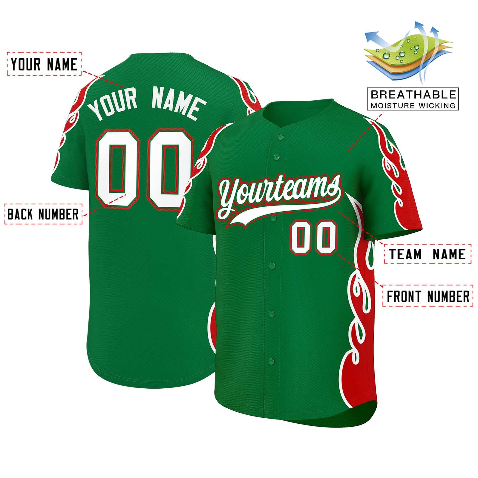 Custom Kelly Green Red Side Flame Outline Pattern Sports Uniform Basetball Jersey