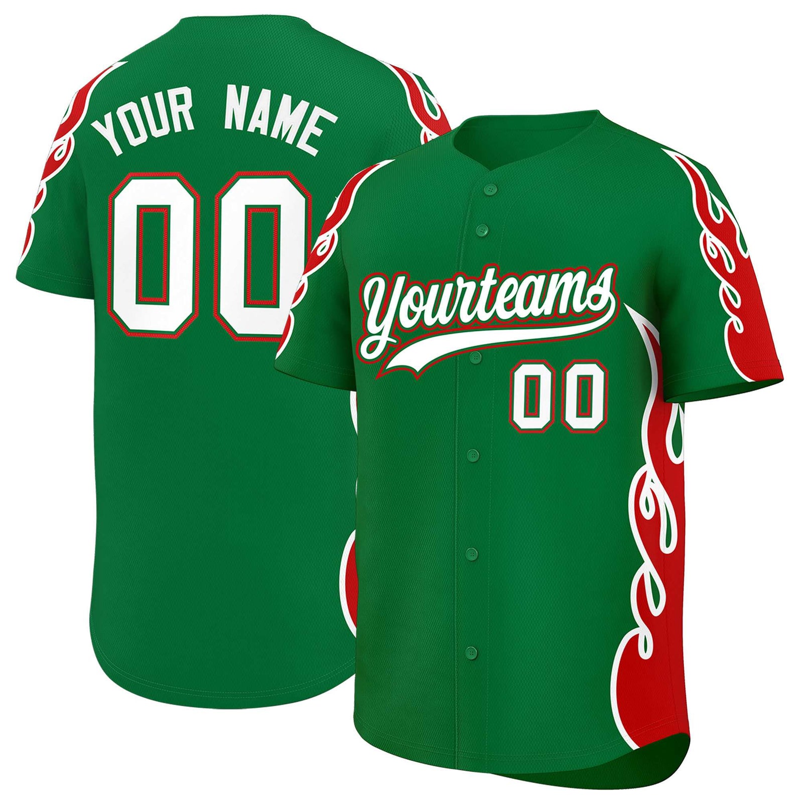 Custom Kelly Green Red Side Flame Outline Pattern Sports Uniform Basetball Jersey