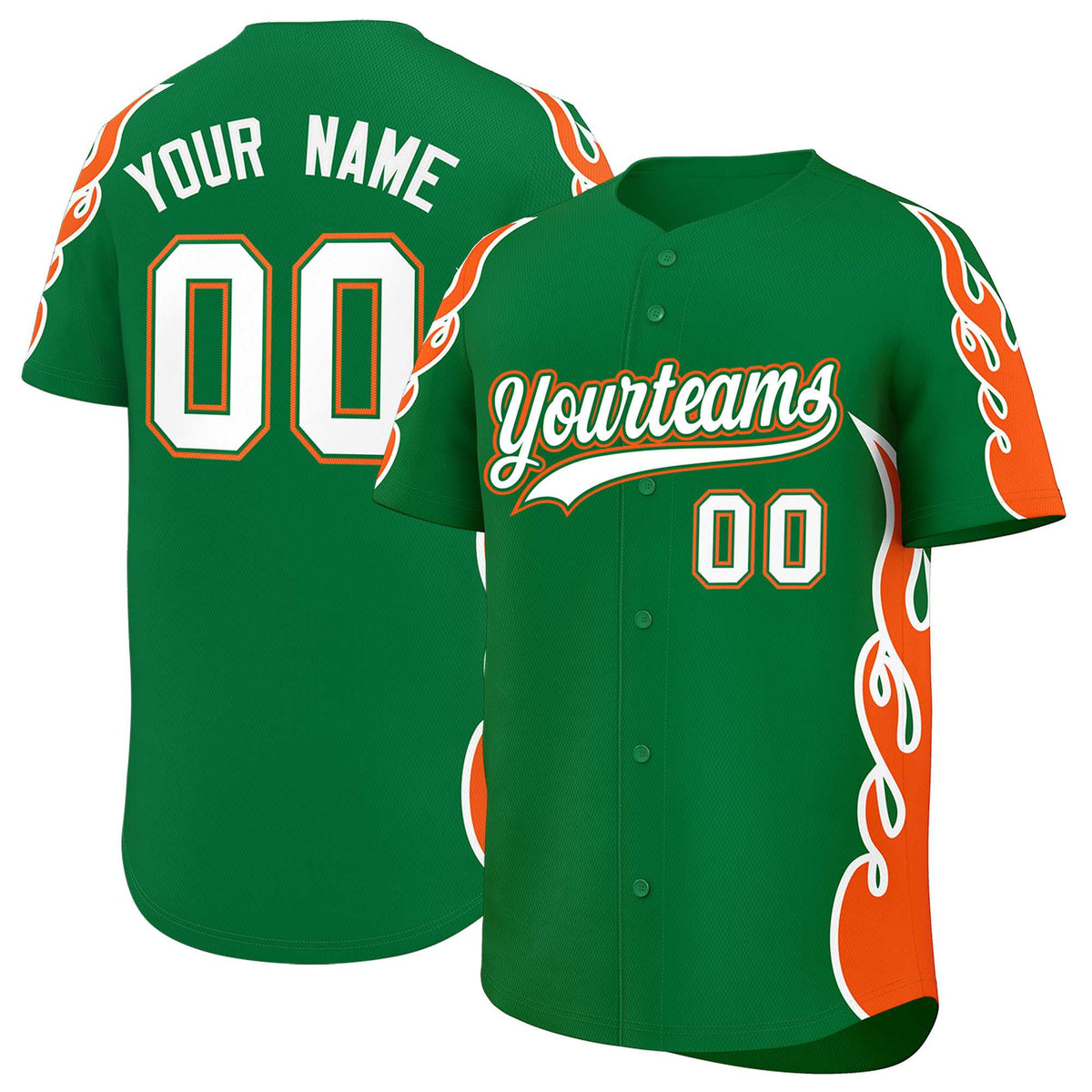 Custom Kelly Green Orange Side Flame Outline Pattern Sports Uniform Basetball Jersey