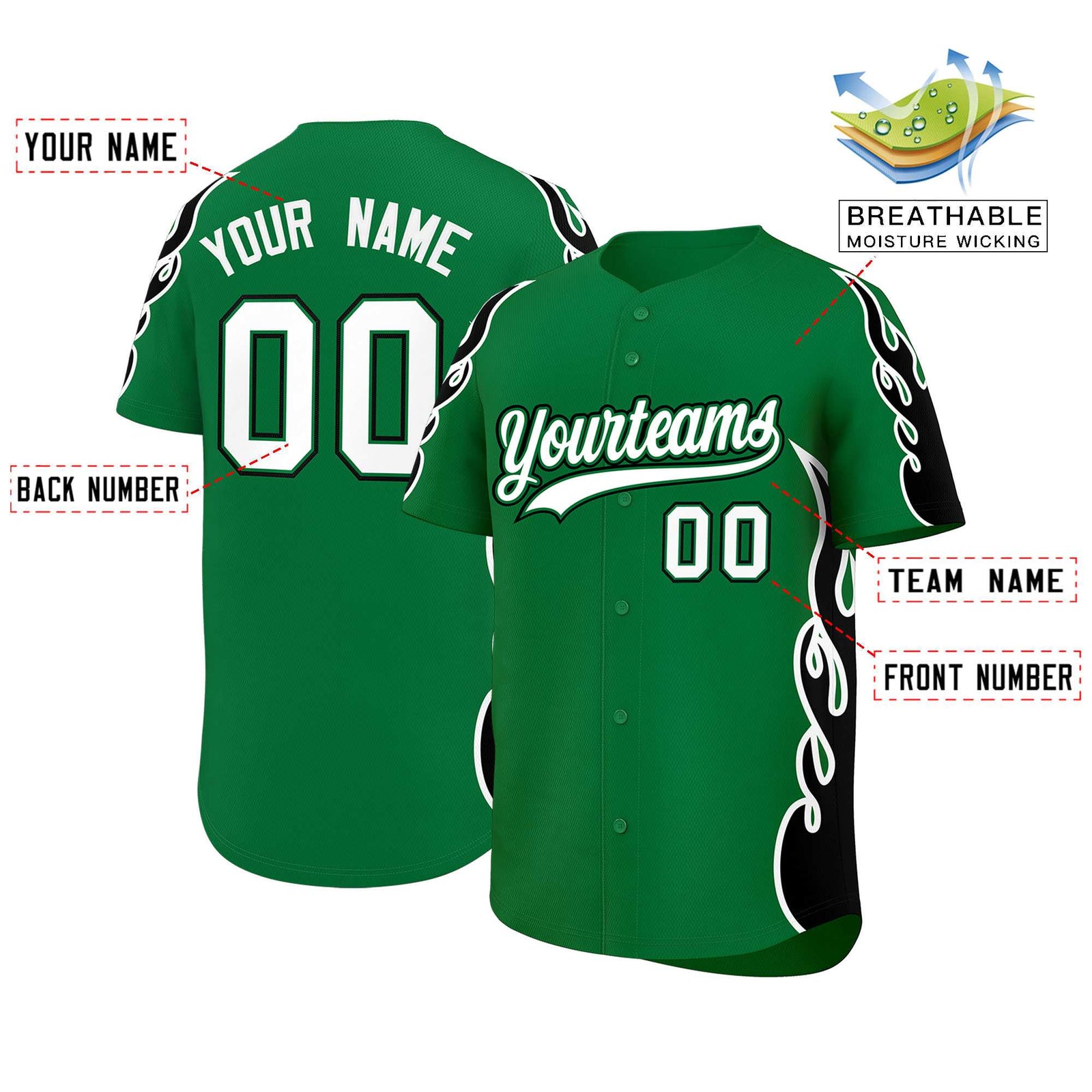 Custom Kelly Green Black Side Flame Outline Pattern Sports Uniform Basetball Jersey