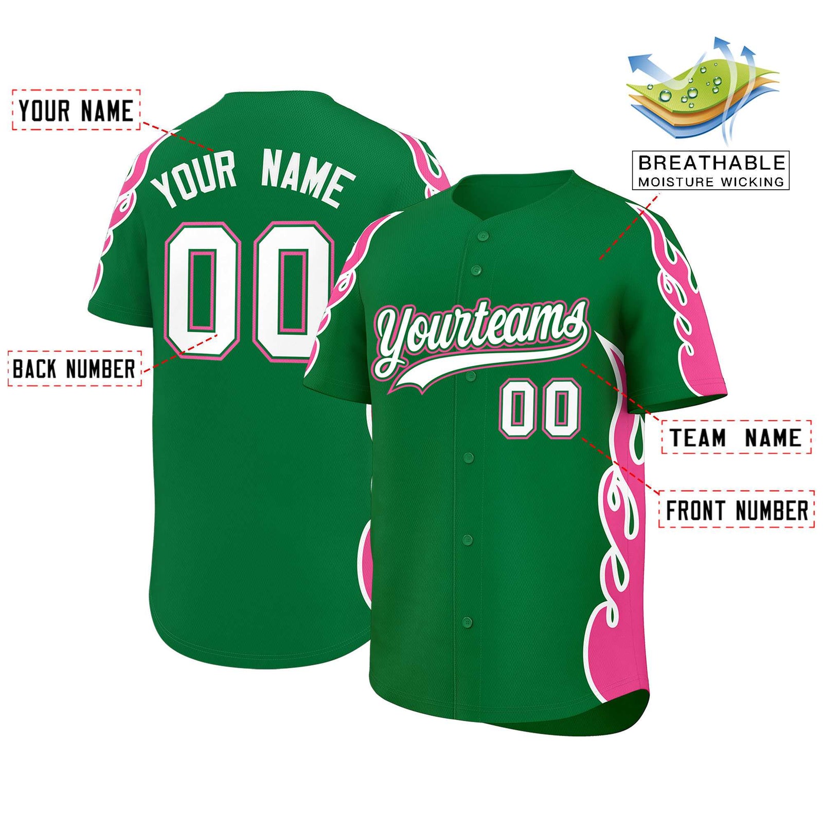 Custom Kelly Green Pink Side Flame Outline Pattern Sports Uniform Basetball Jersey