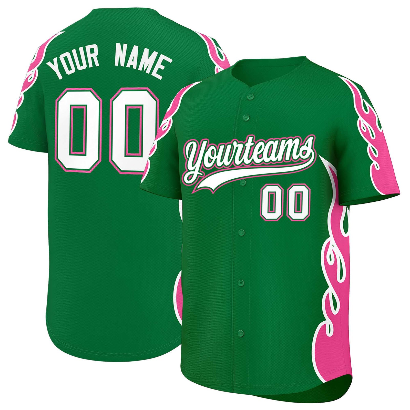 Custom Kelly Green Pink Side Flame Outline Pattern Sports Uniform Basetball Jersey