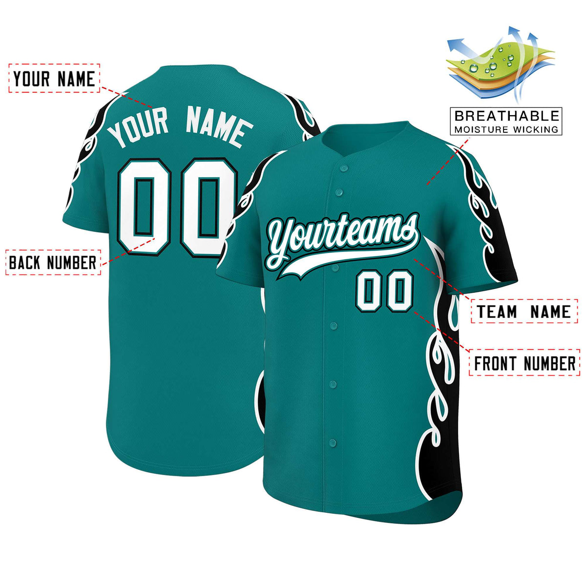 Custom Teal Black Side Flame Outline Pattern Sports Uniform Basetball Jersey