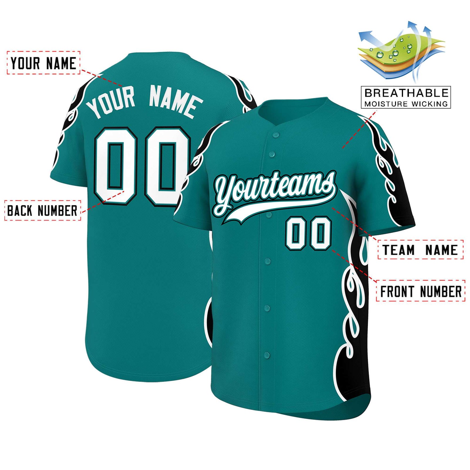 Custom Teal Black Side Flame Outline Pattern Sports Uniform Basetball Jersey