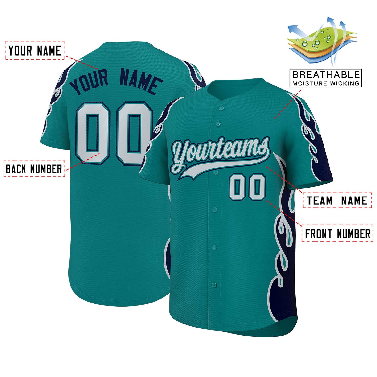 Custom Teal Navy Side Flame Outline Pattern Sports Uniform Basetball Jersey