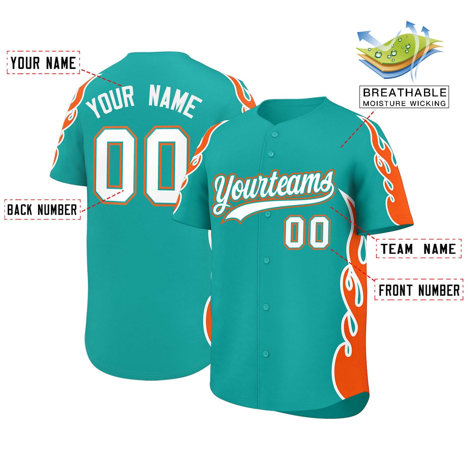 Custom Aqua Orange Side Flame Outline Pattern Sports Uniform Basetball Jersey
