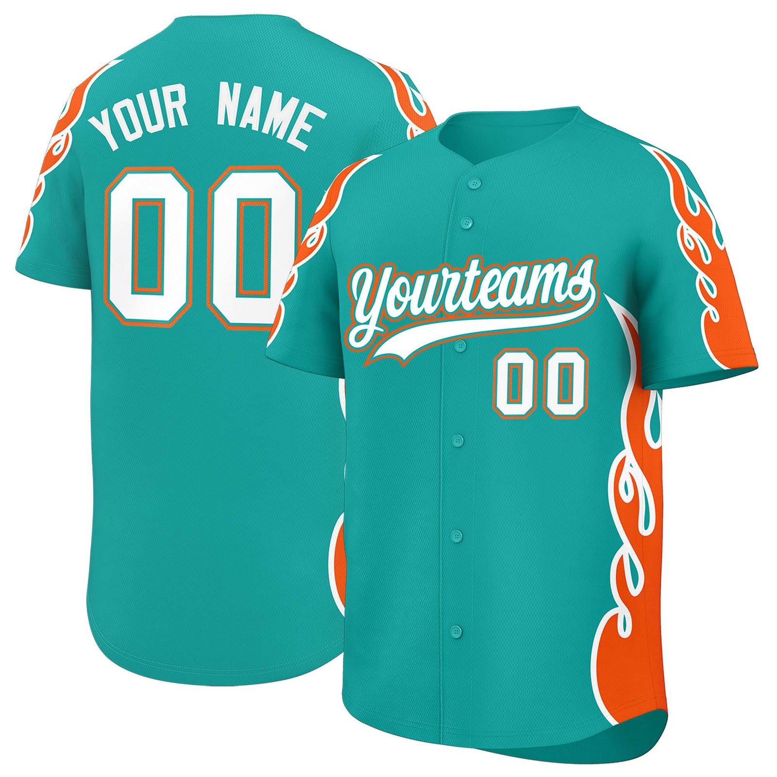 Custom Aqua Orange Side Flame Outline Pattern Sports Uniform Basetball Jersey