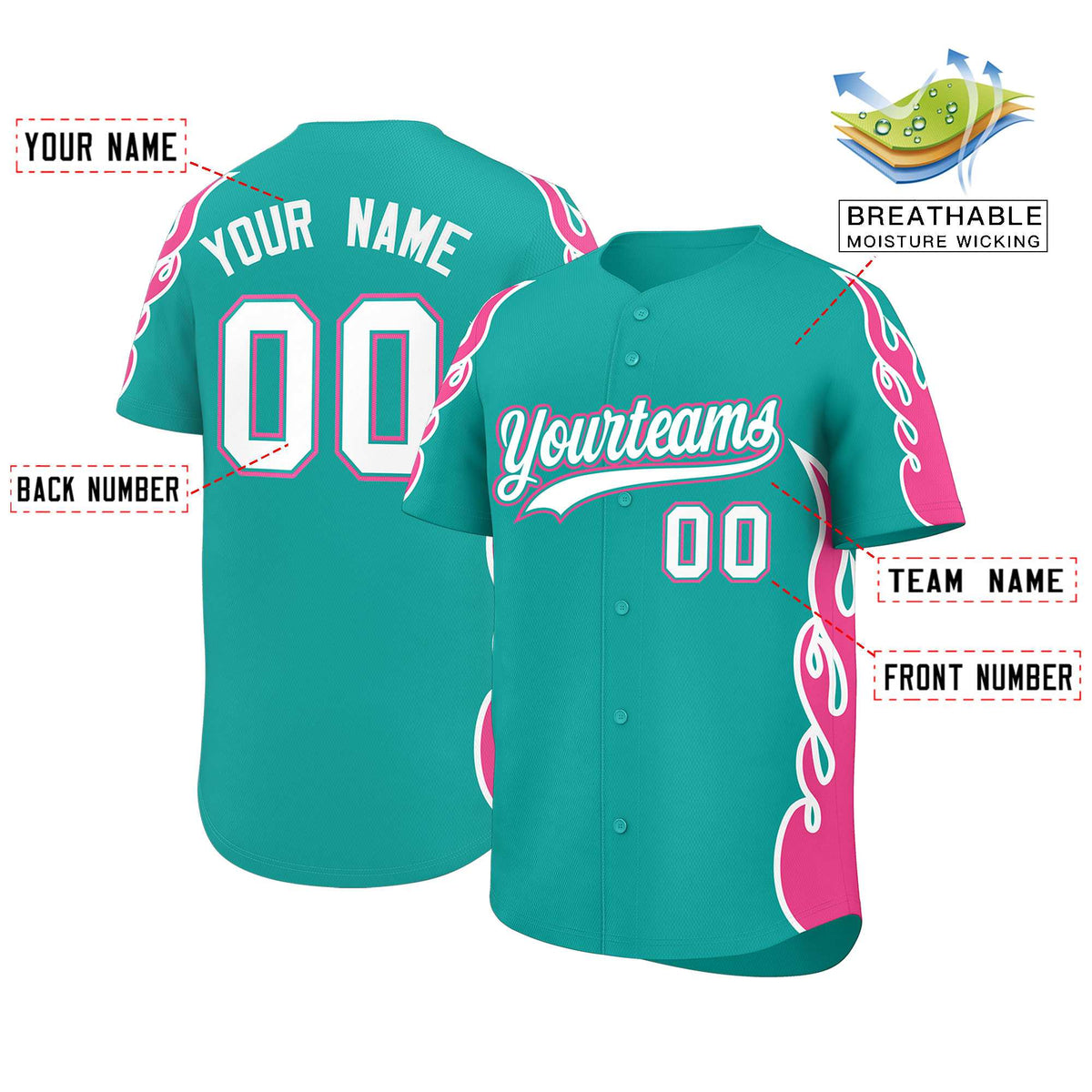 Custom Aqua Pink Side Flame Outline Pattern Sports Uniform Basetball Jersey