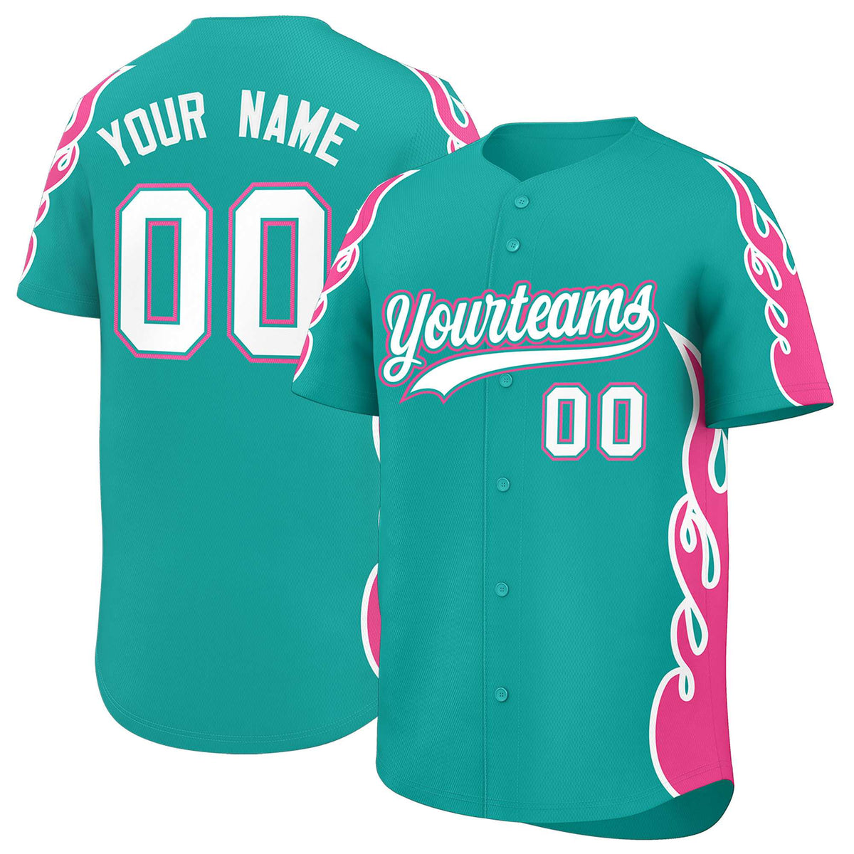 Custom Aqua Pink Side Flame Outline Pattern Sports Uniform Basetball Jersey